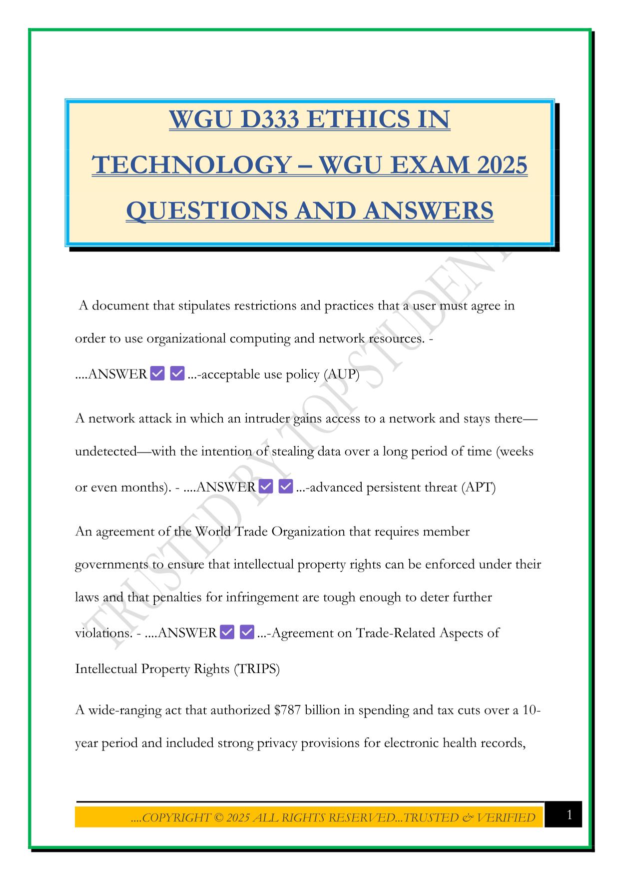 WGU D333 ETHICS IN TECHNOLOGY – WGU EXAM 2025 QUESTIONS AND ANSWERS