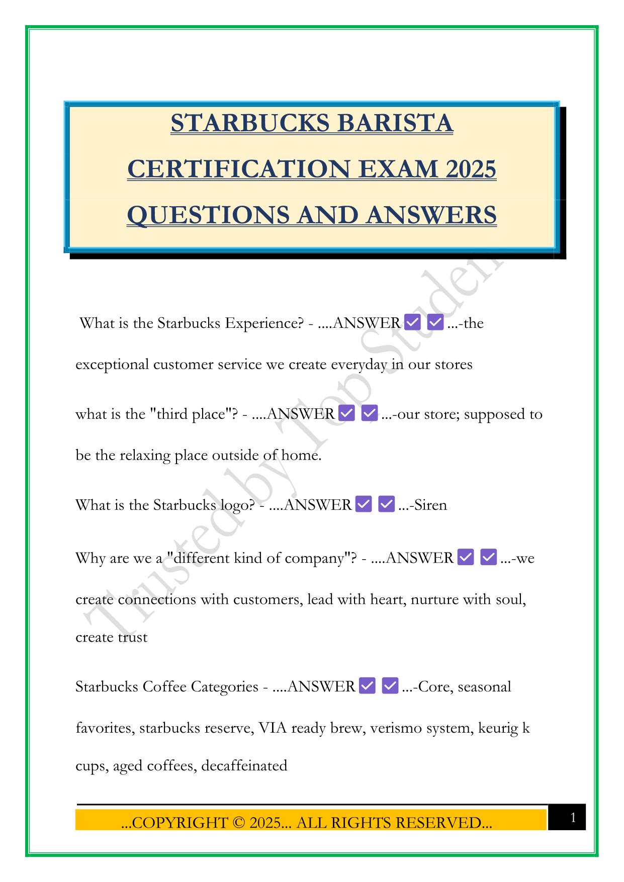 STARBUCKS BARISTA CERTIFICATION EXAM 2025 QUESTIONS AND ANSWERS