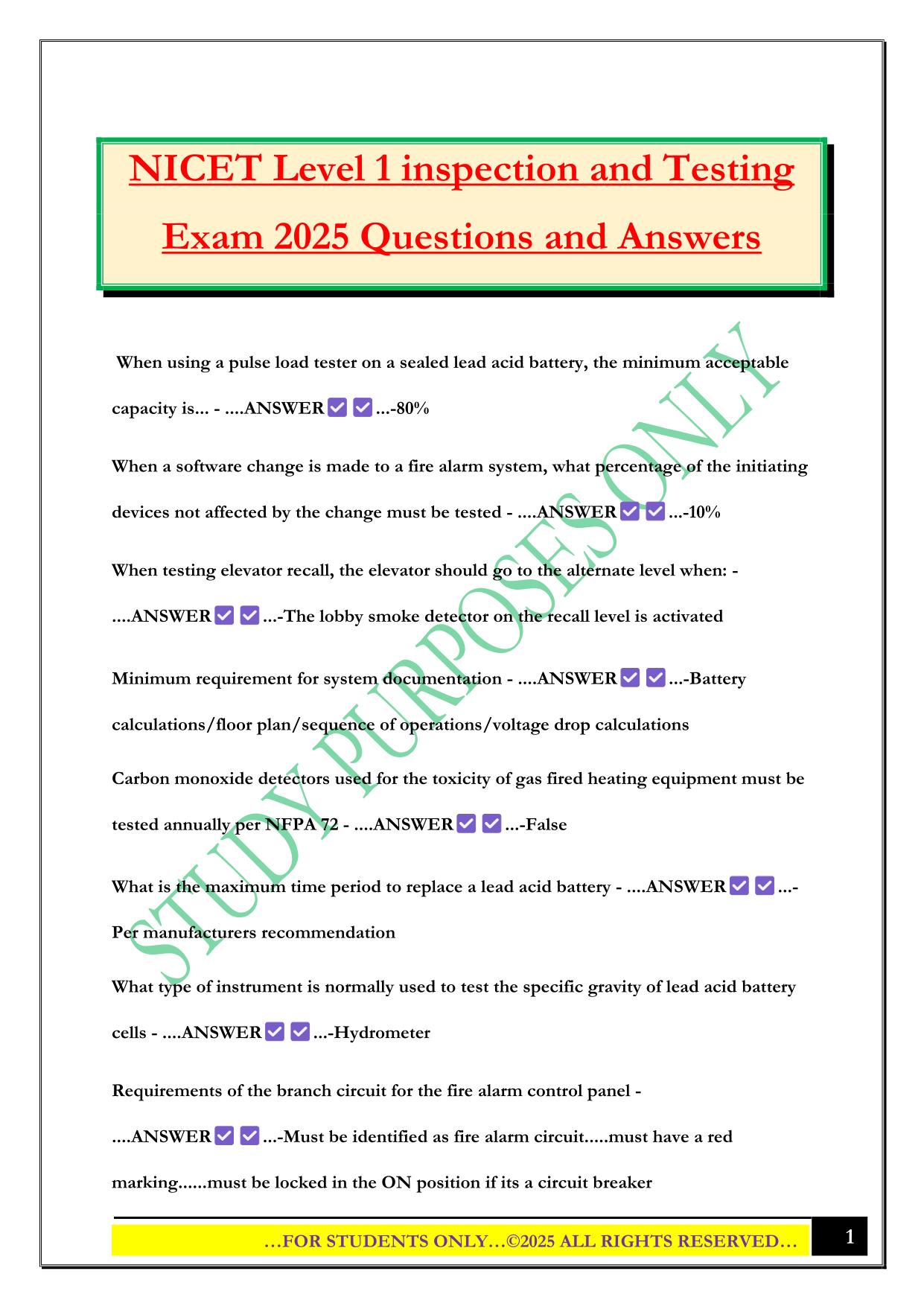 NICET Level 1 inspection and Testing Exam 2025 Questions and Answers