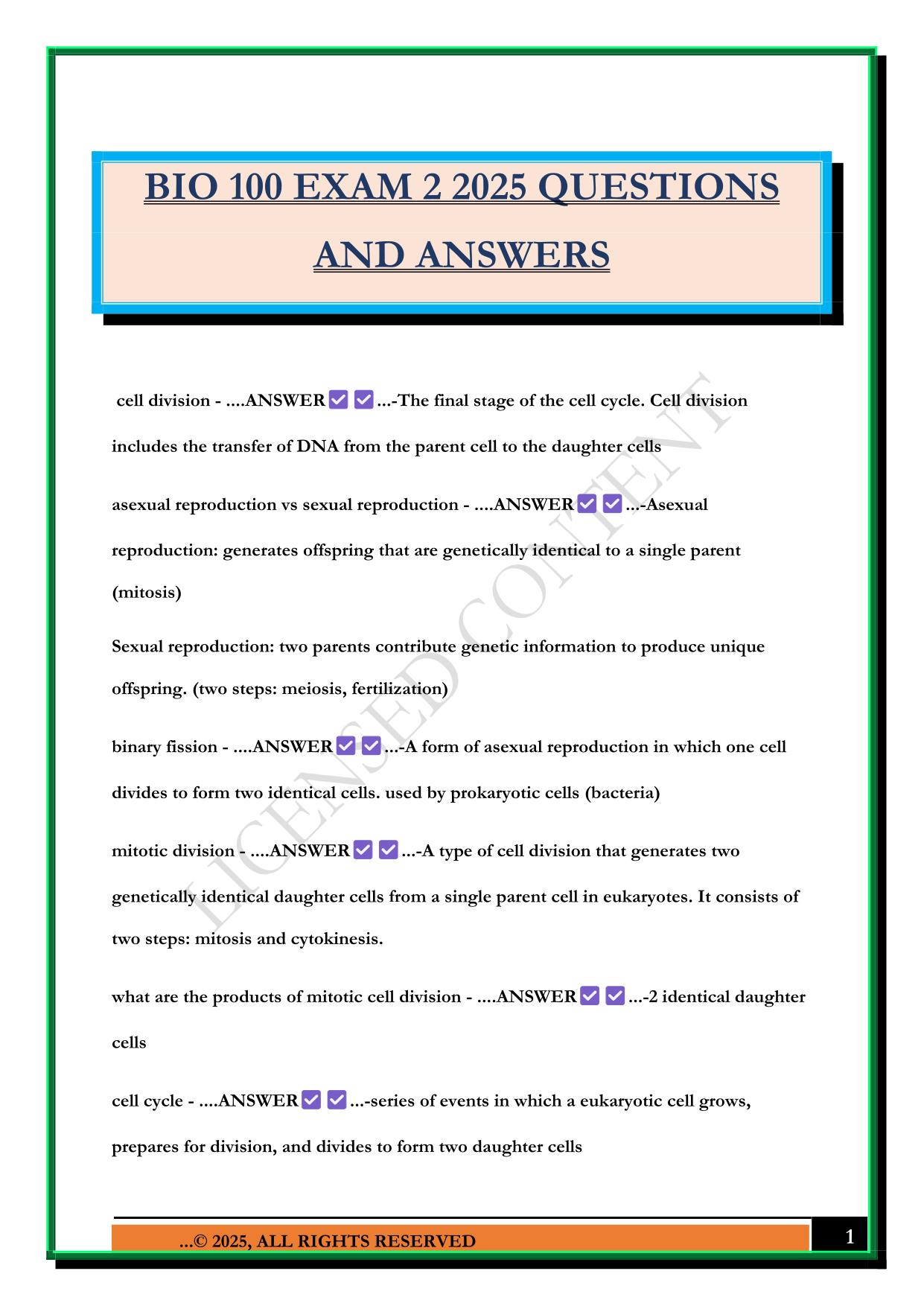 BIO 100 EXAM 2 2025 QUESTIONS AND ANSWERS