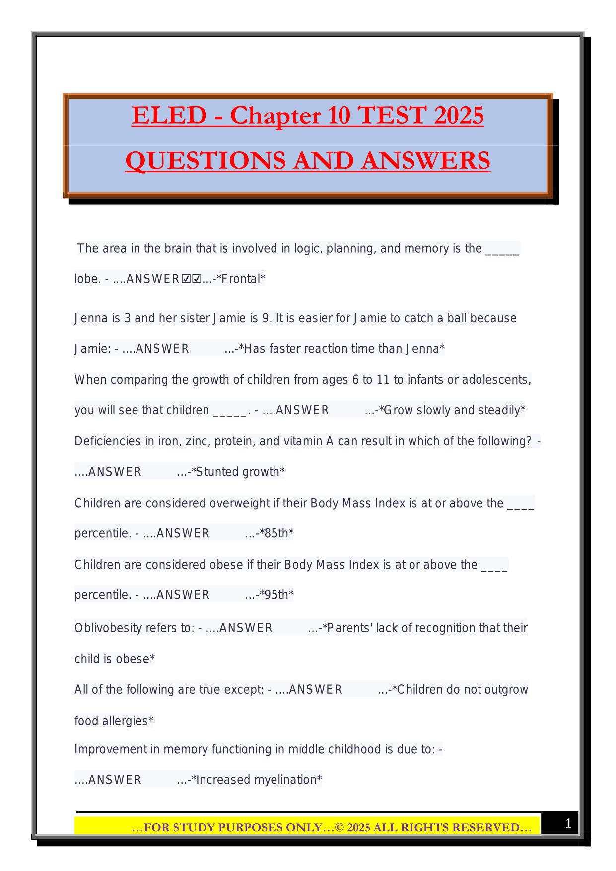 ELED - Chapter 10 TEST 2025 QUESTIONS AND ANSWERS