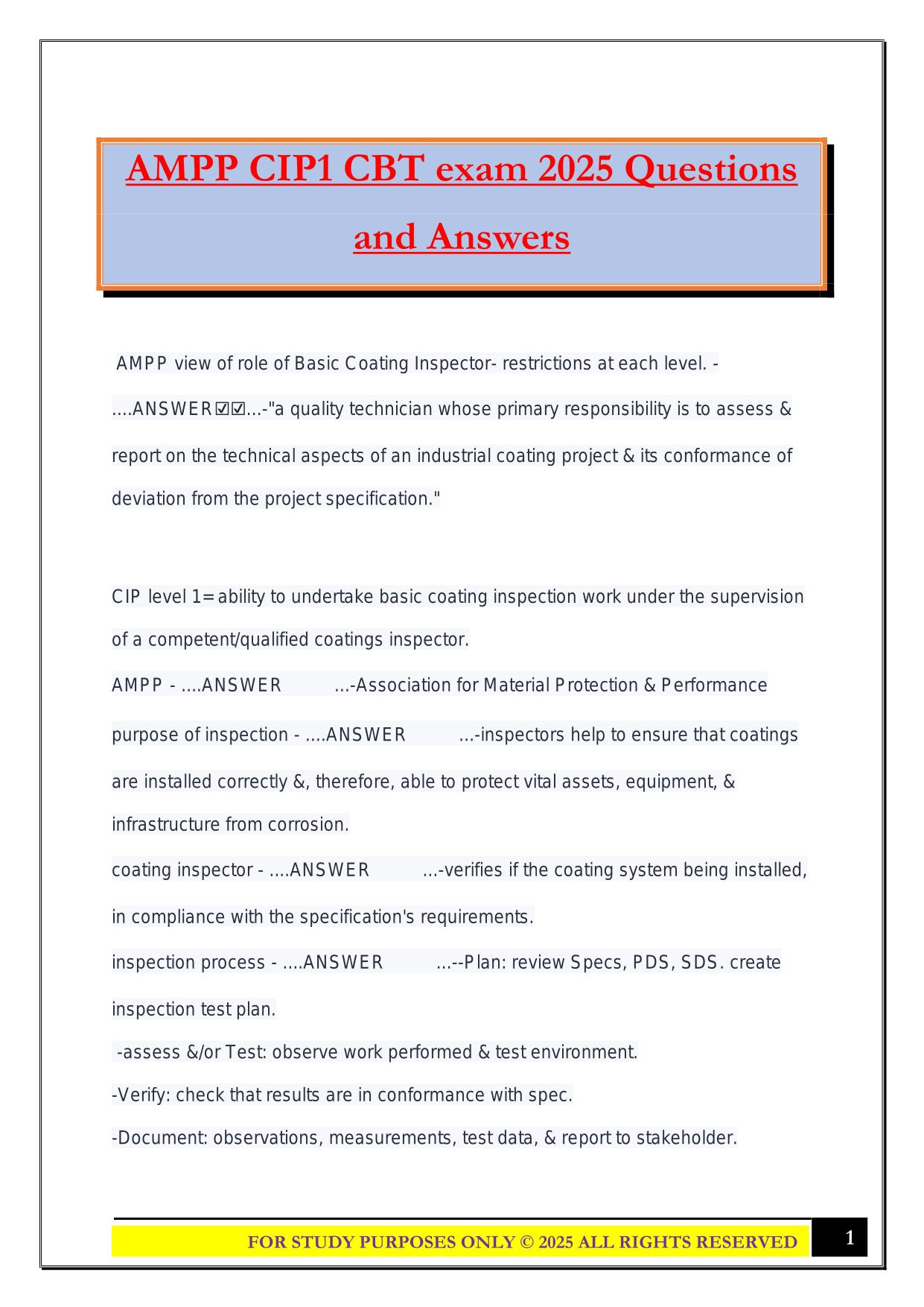 AMPP CIP1 CBT exam 2025 Questions and Answers