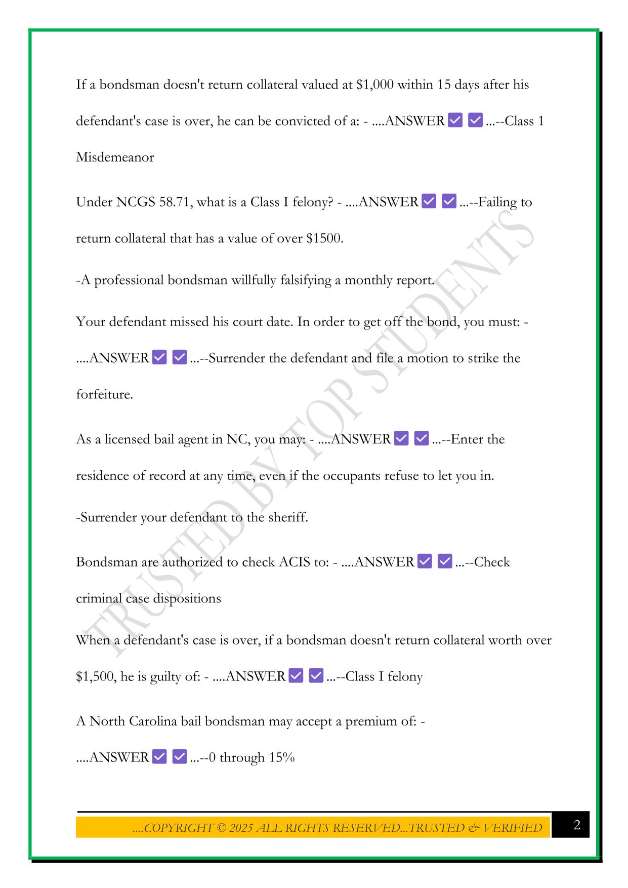NC BAILBOND STATE EXAM 2025 QUESTIONS AND ANSWERS
