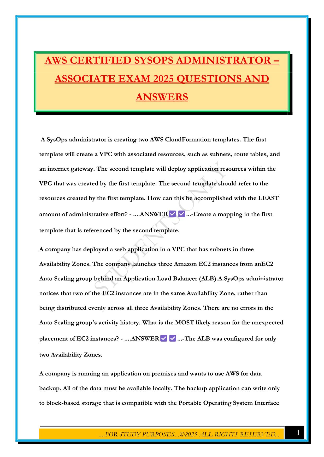 AWS CERTIFIED SYSOPS ADMINISTRATOR – ASSOCIATE EXAM 2025 QUESTIONS AND ANSWERS