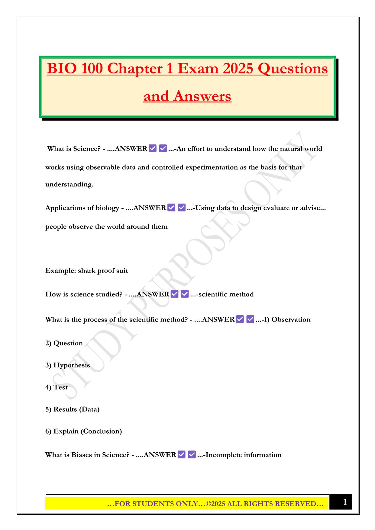 BIO 100 Chapter 1 Exam 2025 Questions and Answers