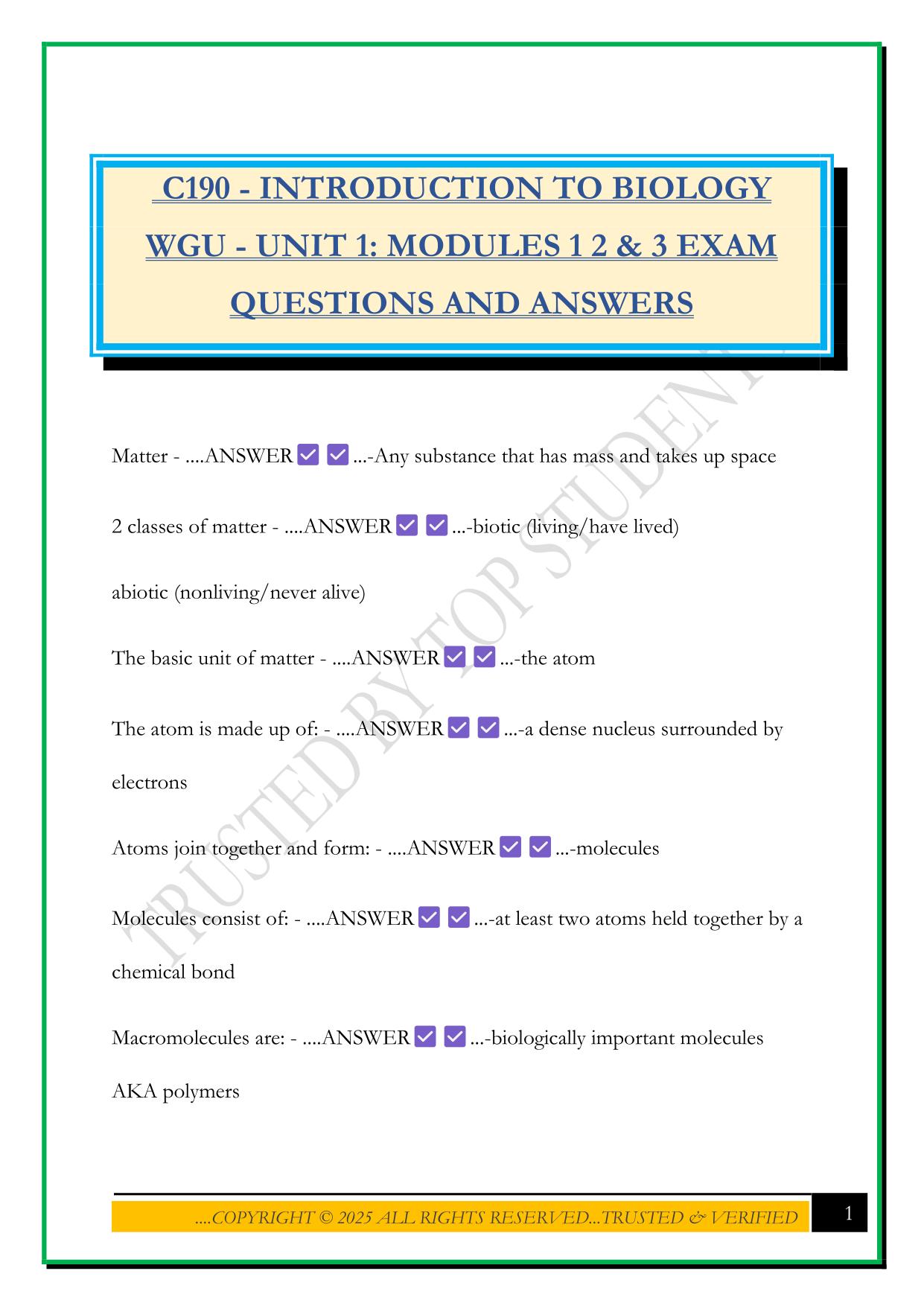 C190 - INTRODUCTION TO BIOLOGY WGU - UNIT 1: MODULES 1 2 & 3 EXAM QUESTIONS AND ANSWERS