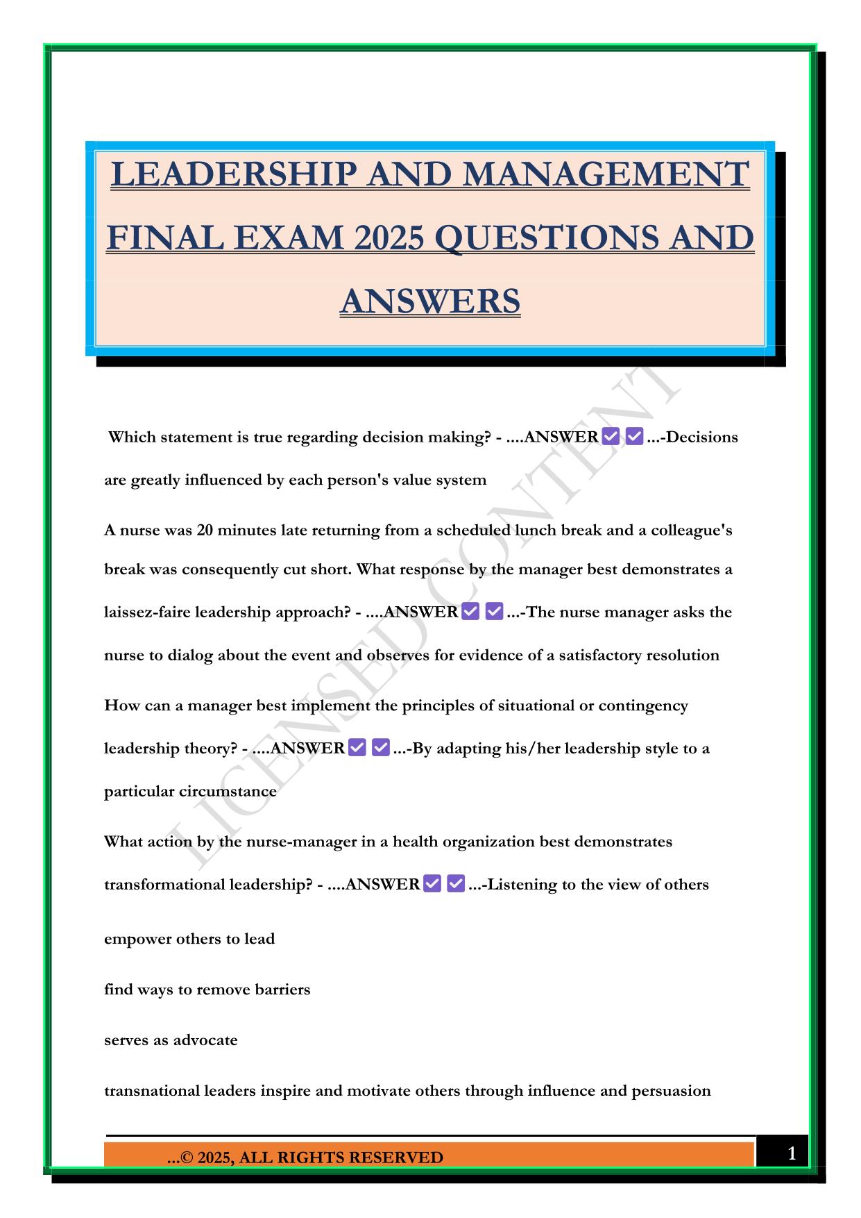 LEADERSHIP AND MANAGEMENT FINAL EXAM 2025 QUESTIONS AND ANSWERS