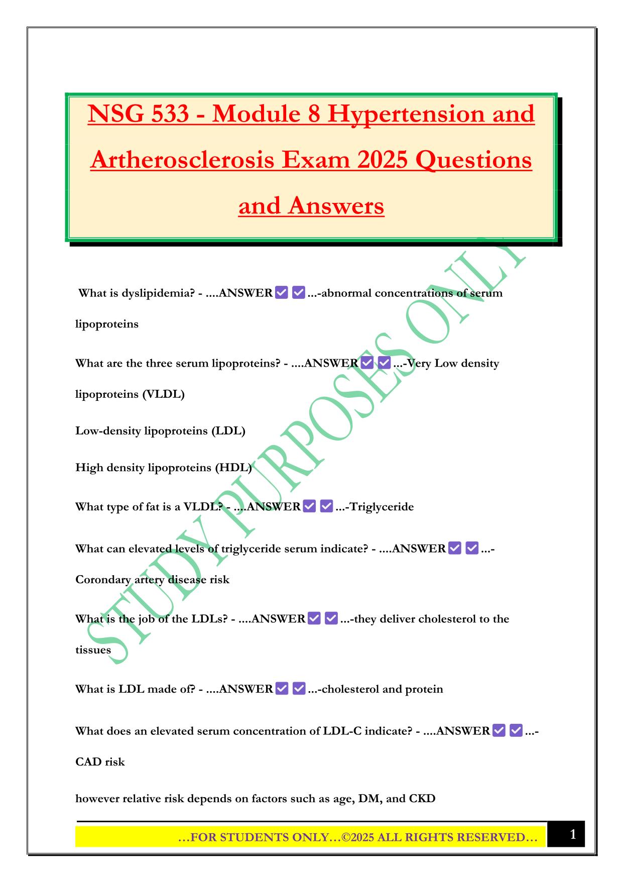 NSG 533 - Module 8 Hypertension and Artherosclerosis Exam 2025 Questions and Answers