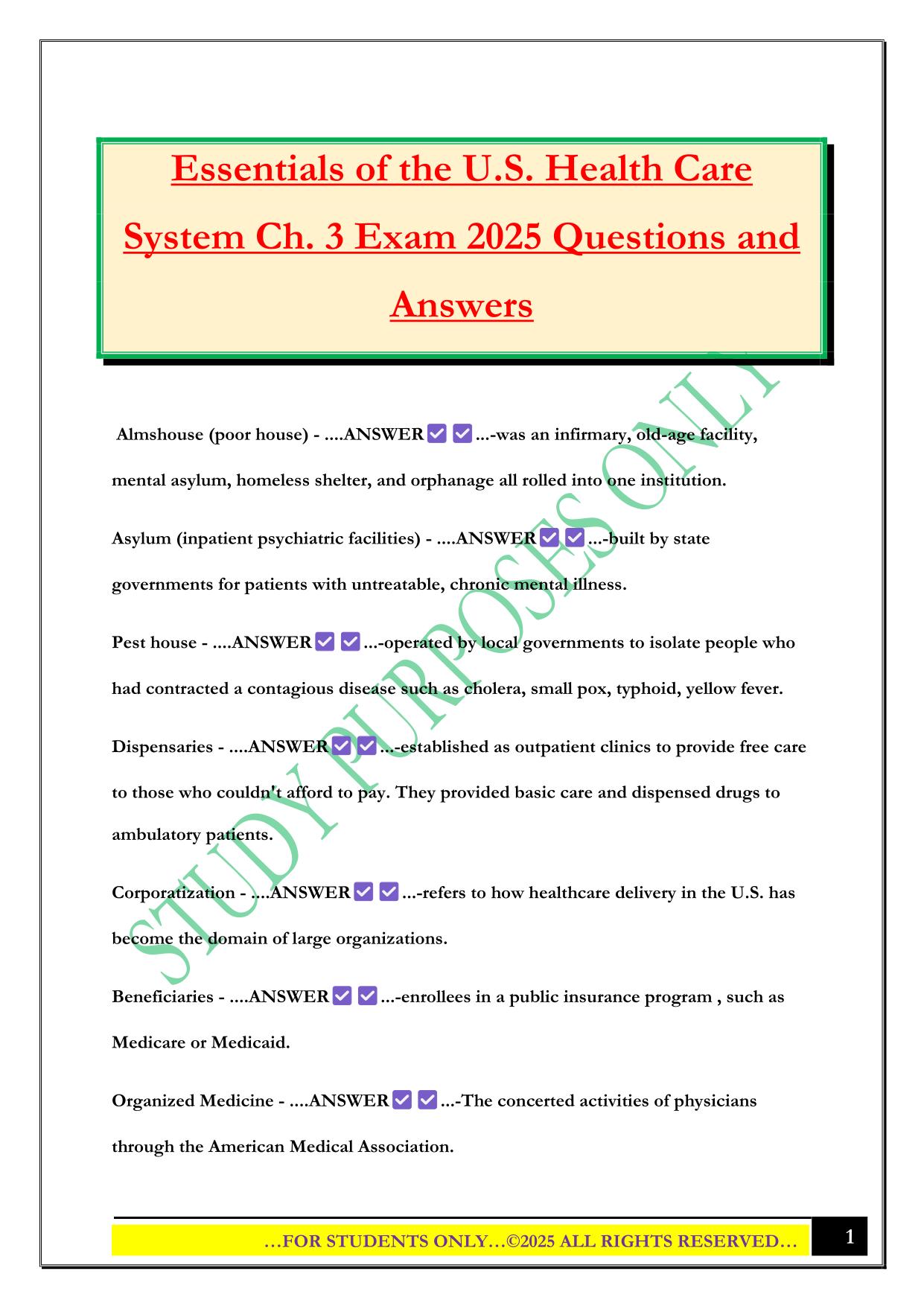 Essentials of the U.S. Health Care System Ch. 3 Exam 2025 Questions and Answers