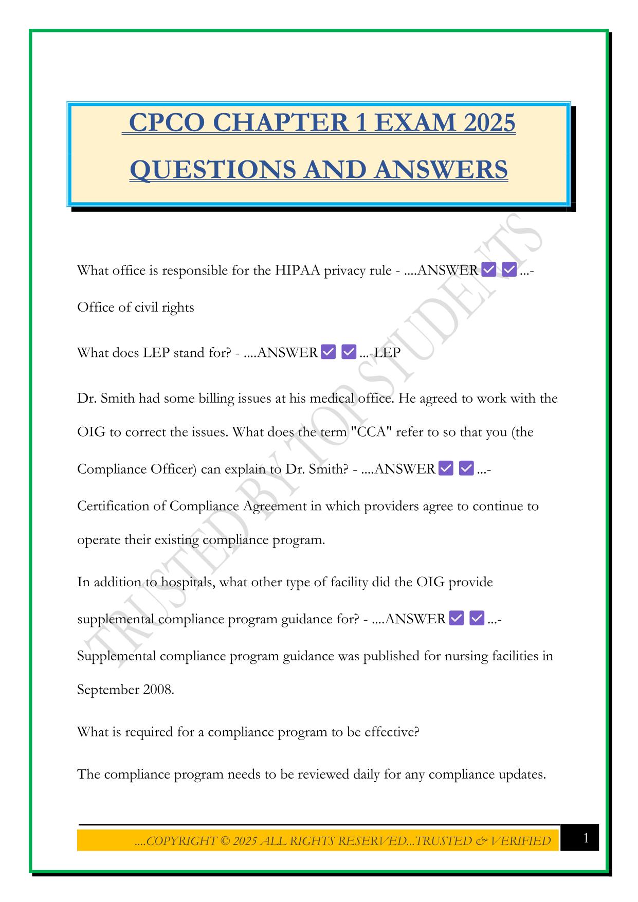 CPCO CHAPTER 1 EXAM 2025 QUESTIONS AND ANSWERS