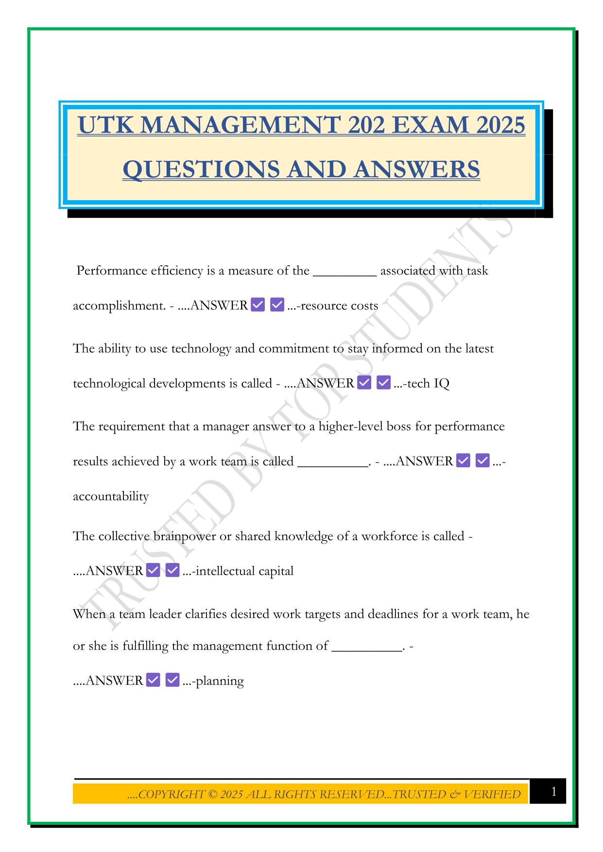 UTK MANAGEMENT 202 EXAM 2025 QUESTIONS AND ANSWERS