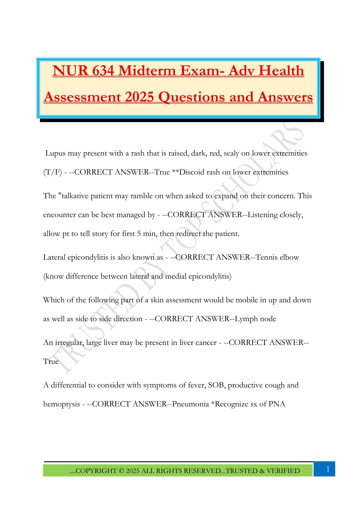 NUR 634 Midterm Exam- Adv Health Assessment 2025 Questions and Answers