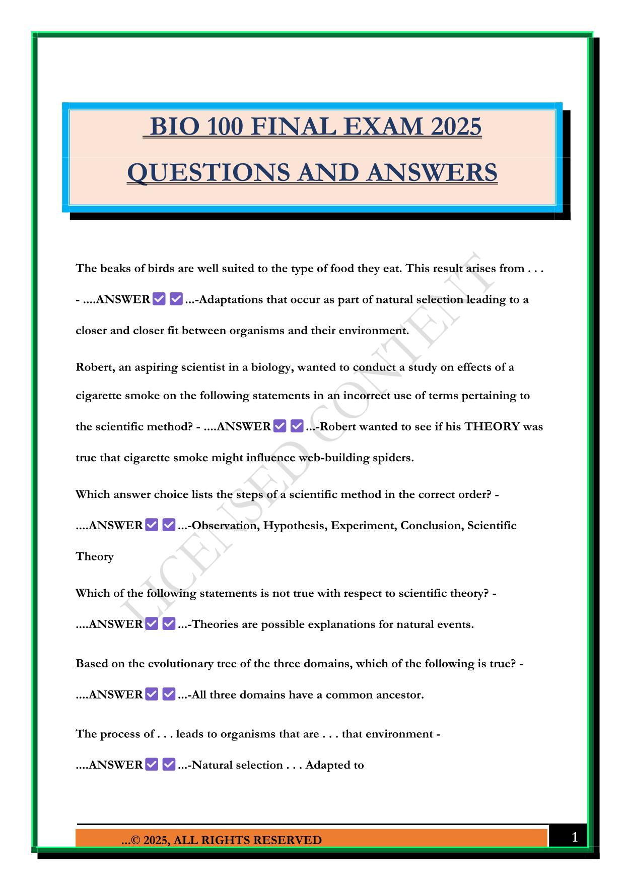 BIO 100 FINAL EXAM 2025 QUESTIONS AND ANSWERS