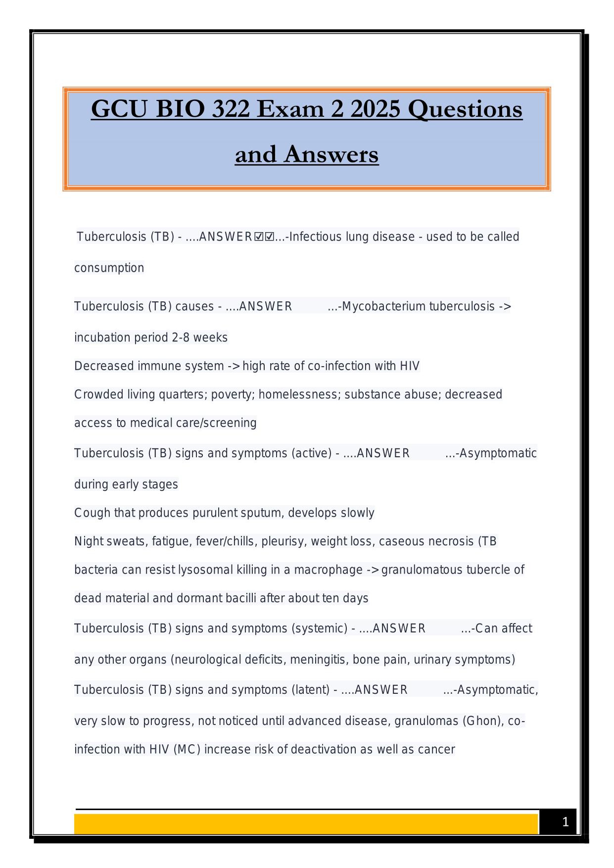 GCU BIO 322 Exam 2 2025 Questions and Answers