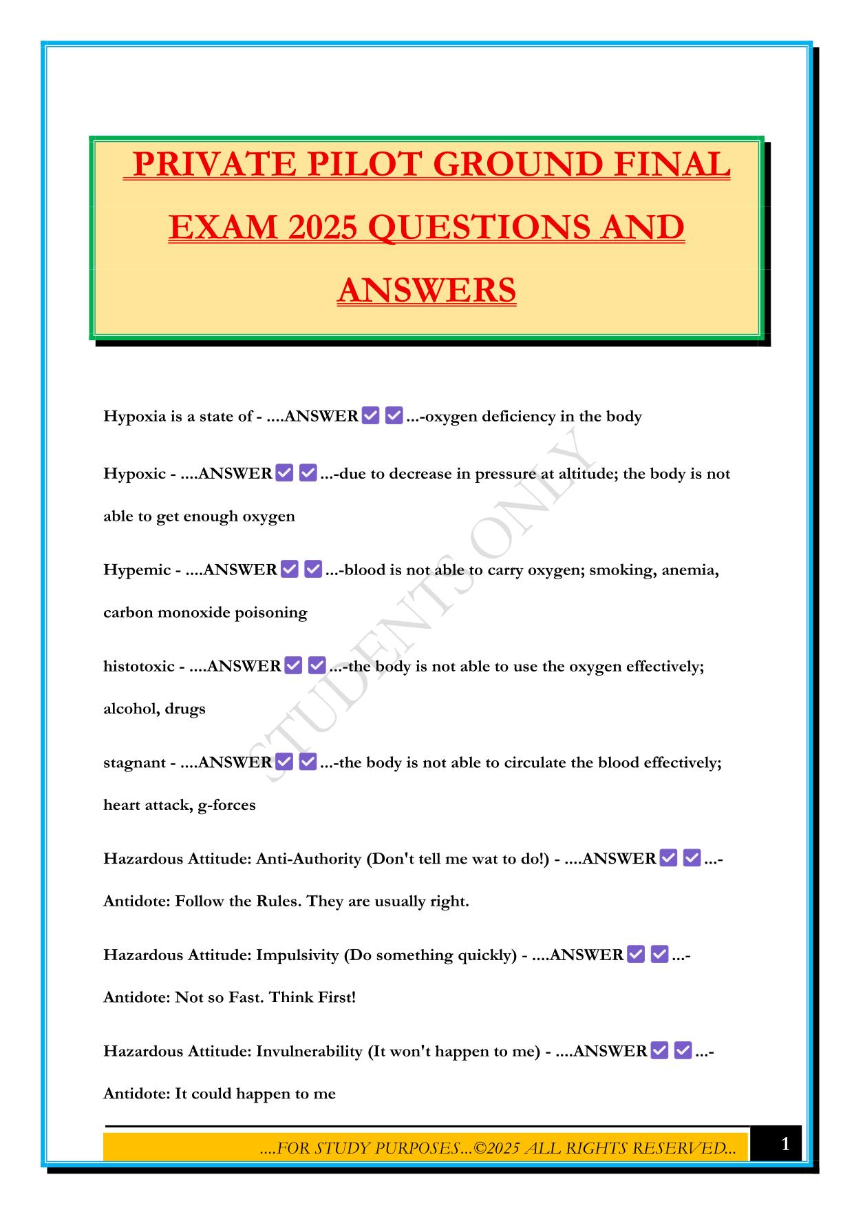 PRIVATE PILOT GROUND FINAL EXAM 2025 QUESTIONS AND ANSWERS
