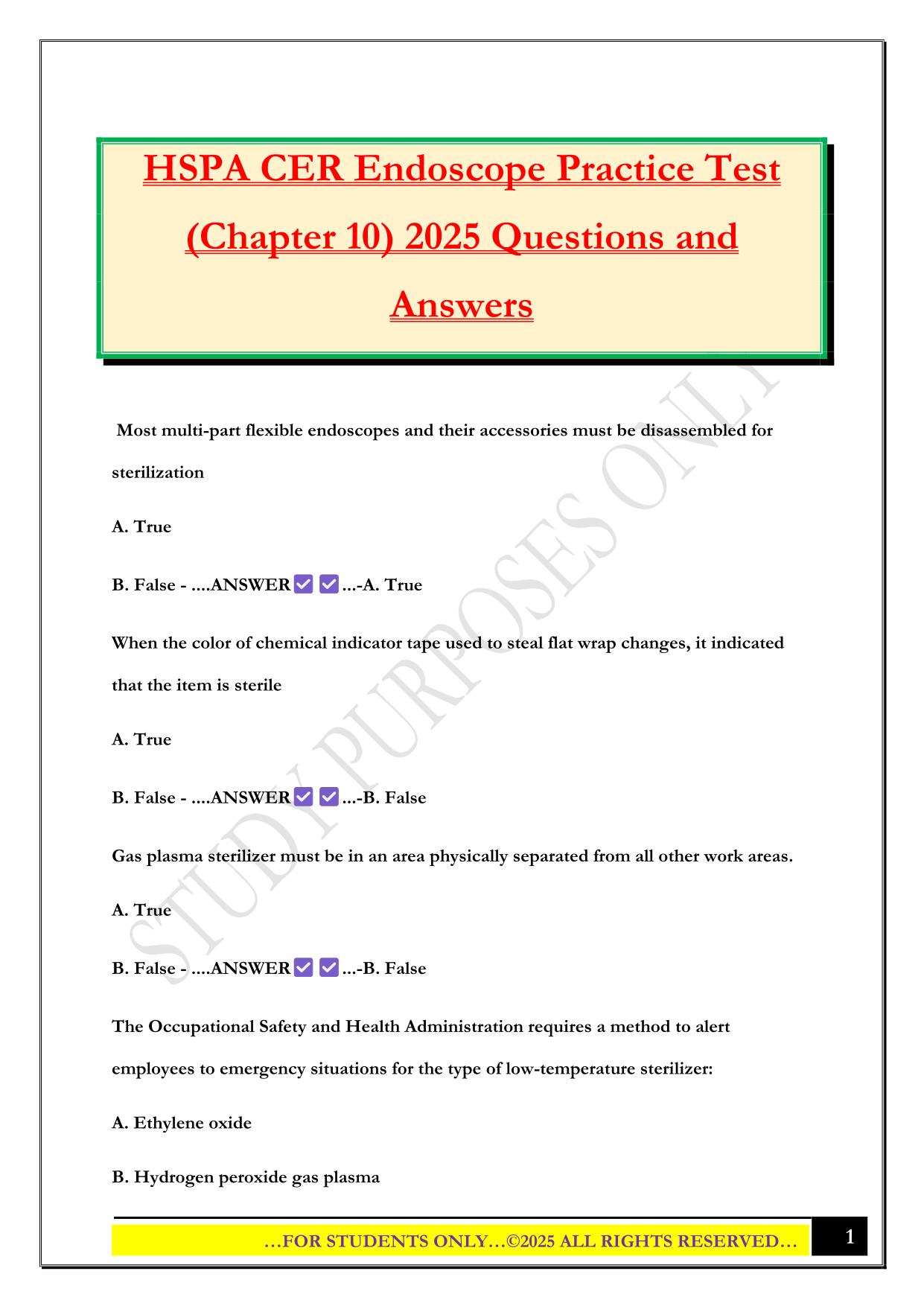 HSPA CER Endoscope Practice Test (Chapter 10) 2025 Questions and Answers