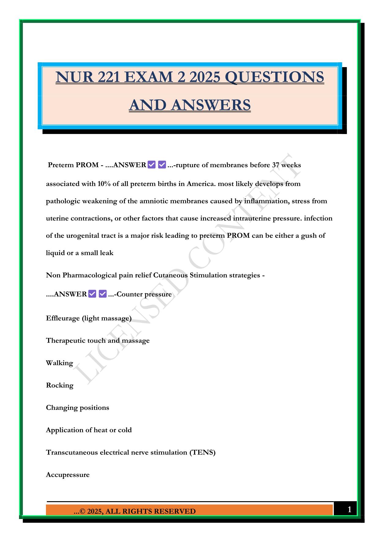 NUR 221 EXAM 2 2025 QUESTIONS AND ANSWERS