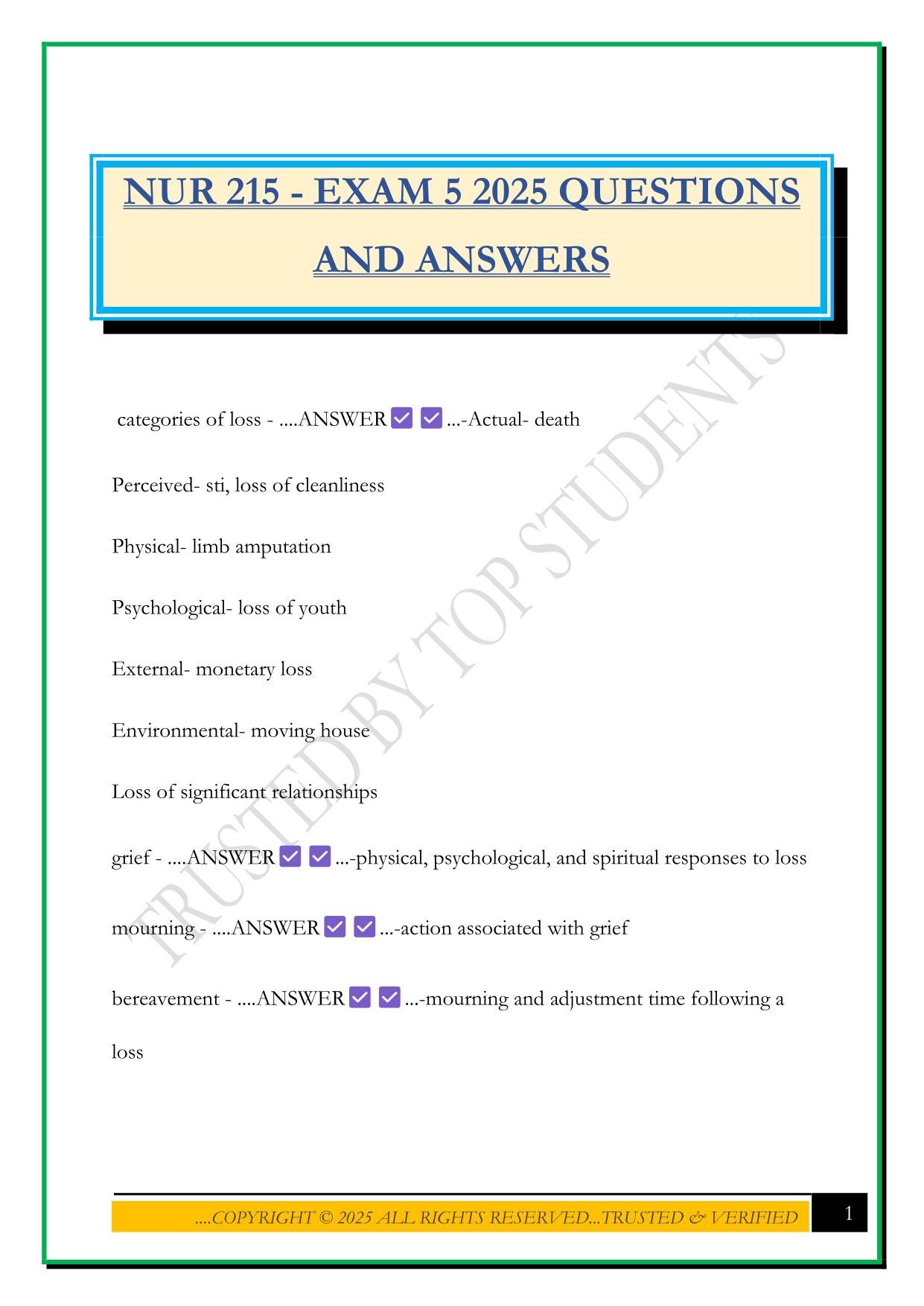 NUR 215 - EXAM 5 2025 QUESTIONS AND ANSWERS