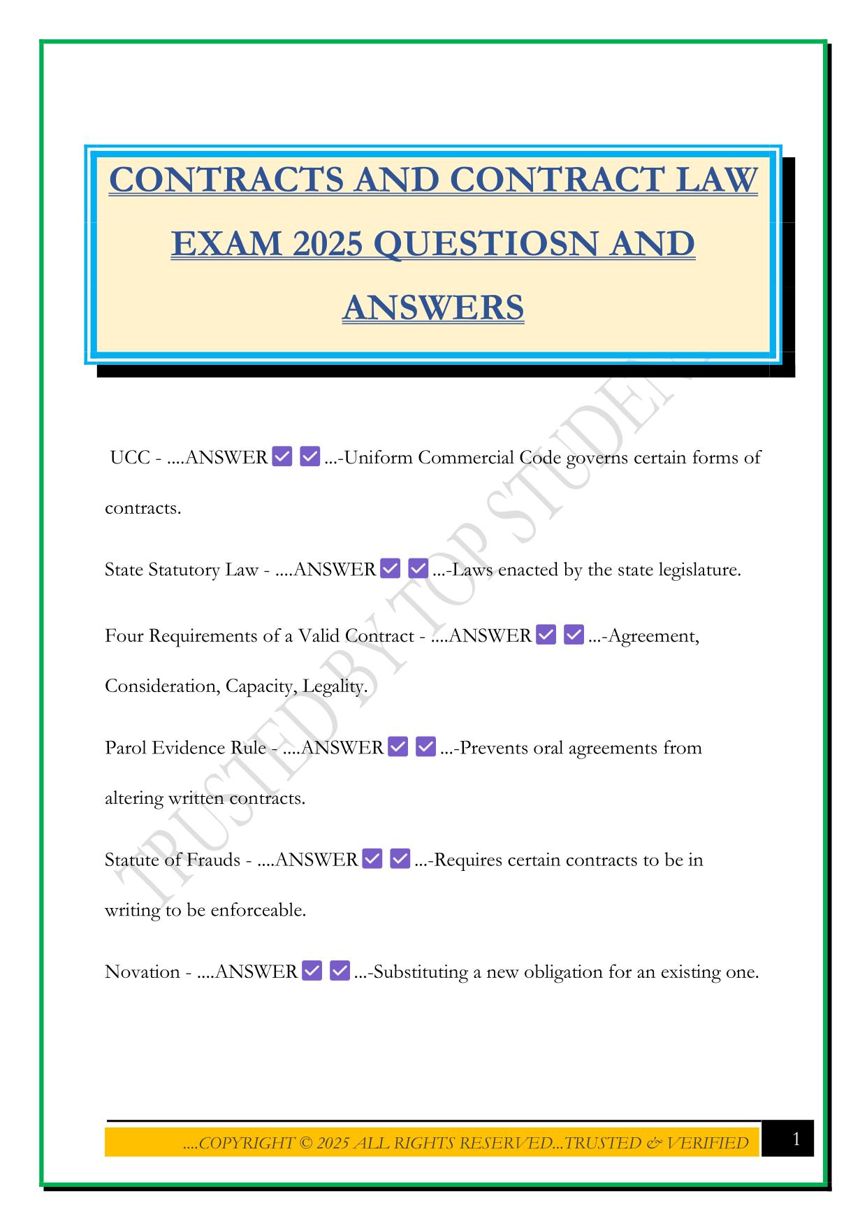 CONTRACTS AND CONTRACT LAW EXAM 2025 QUESTIOSN AND ANSWERS