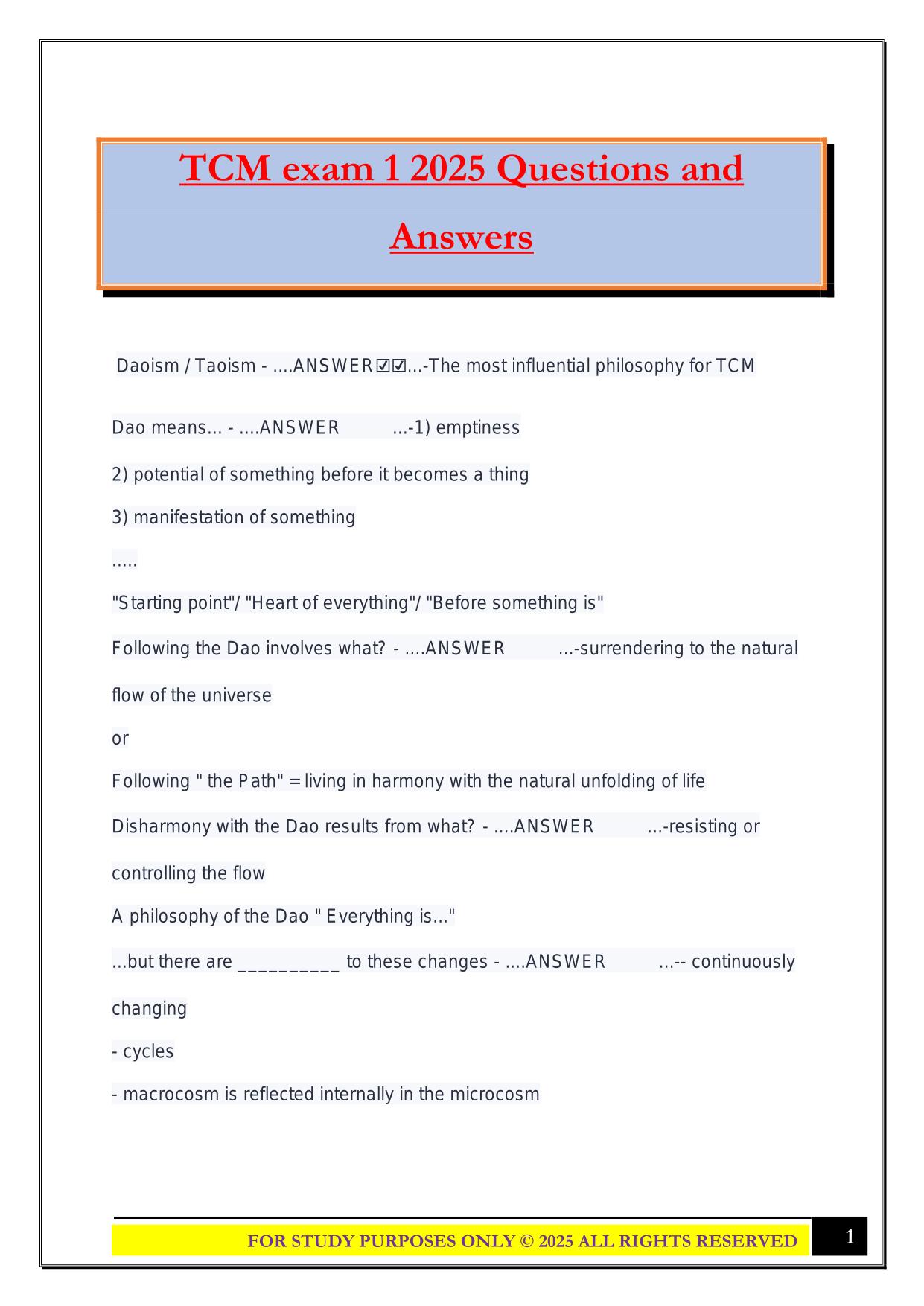 TCM exam 1 2025 Questions and Answers