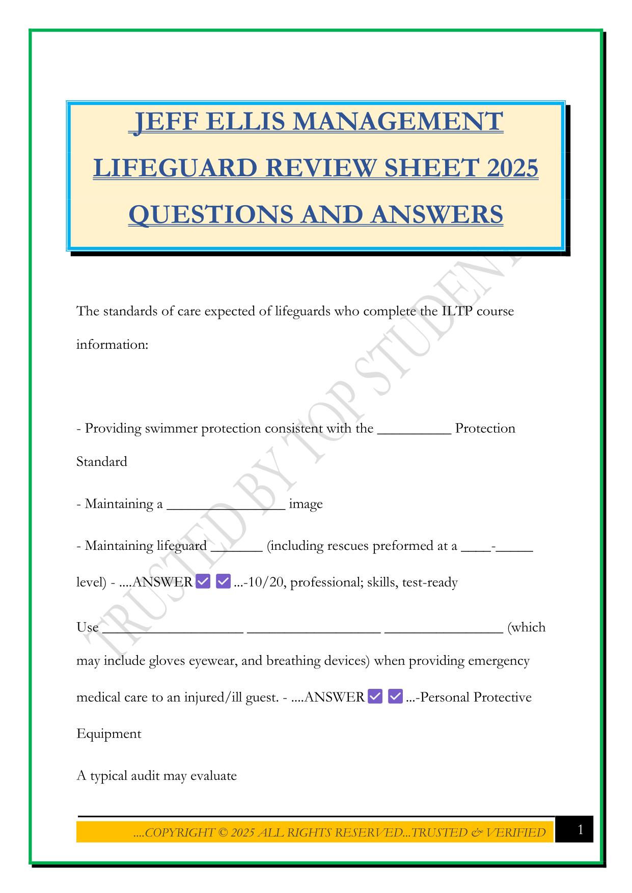 JEFF ELLIS MANAGEMENT LIFEGUARD REVIEW SHEET 2025 QUESTIONS AND ANSWERS