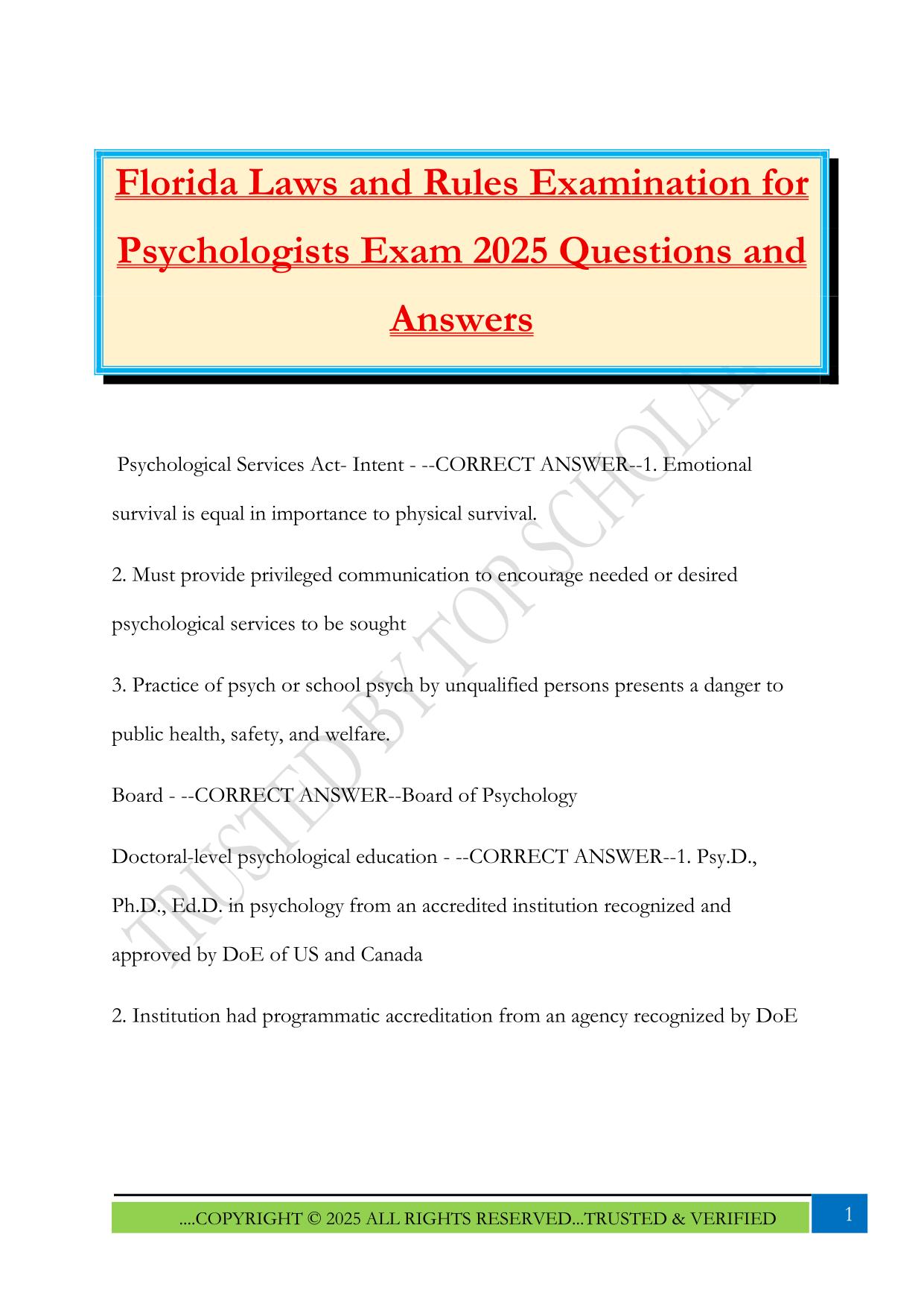 Florida Laws and Rules Examination for Psychologists Exam 2025 Questions and Answers