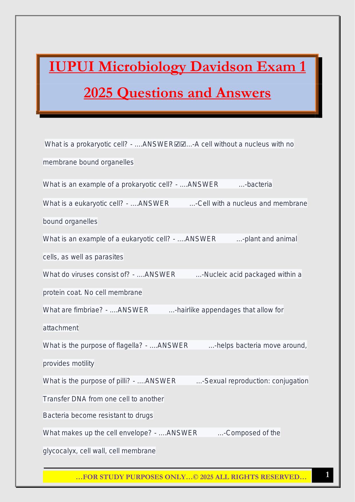 IUPUI Microbiology Davidson Exam 1 2025 Questions and Answers