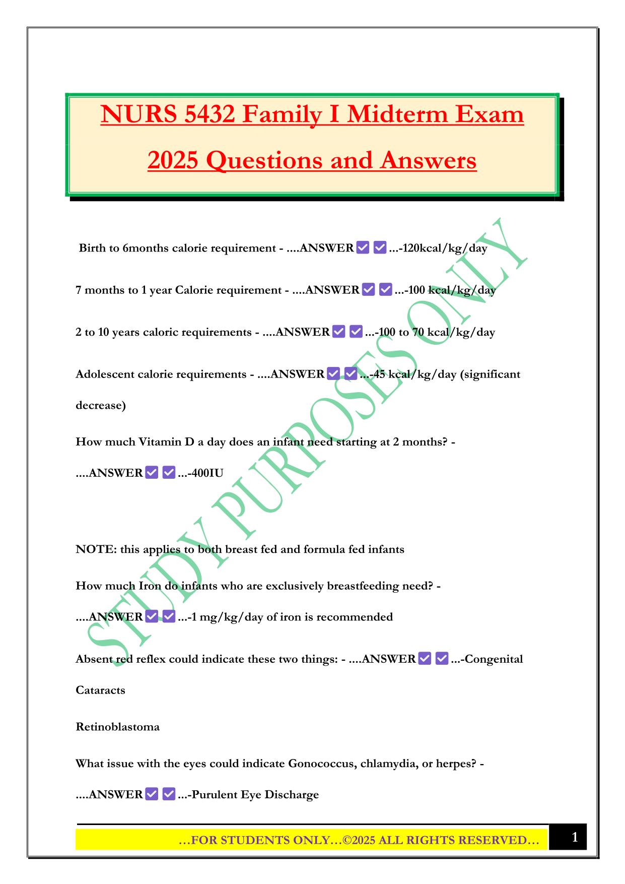 NURS 5432 Family I Midterm Exam 2025 Questions and Answers