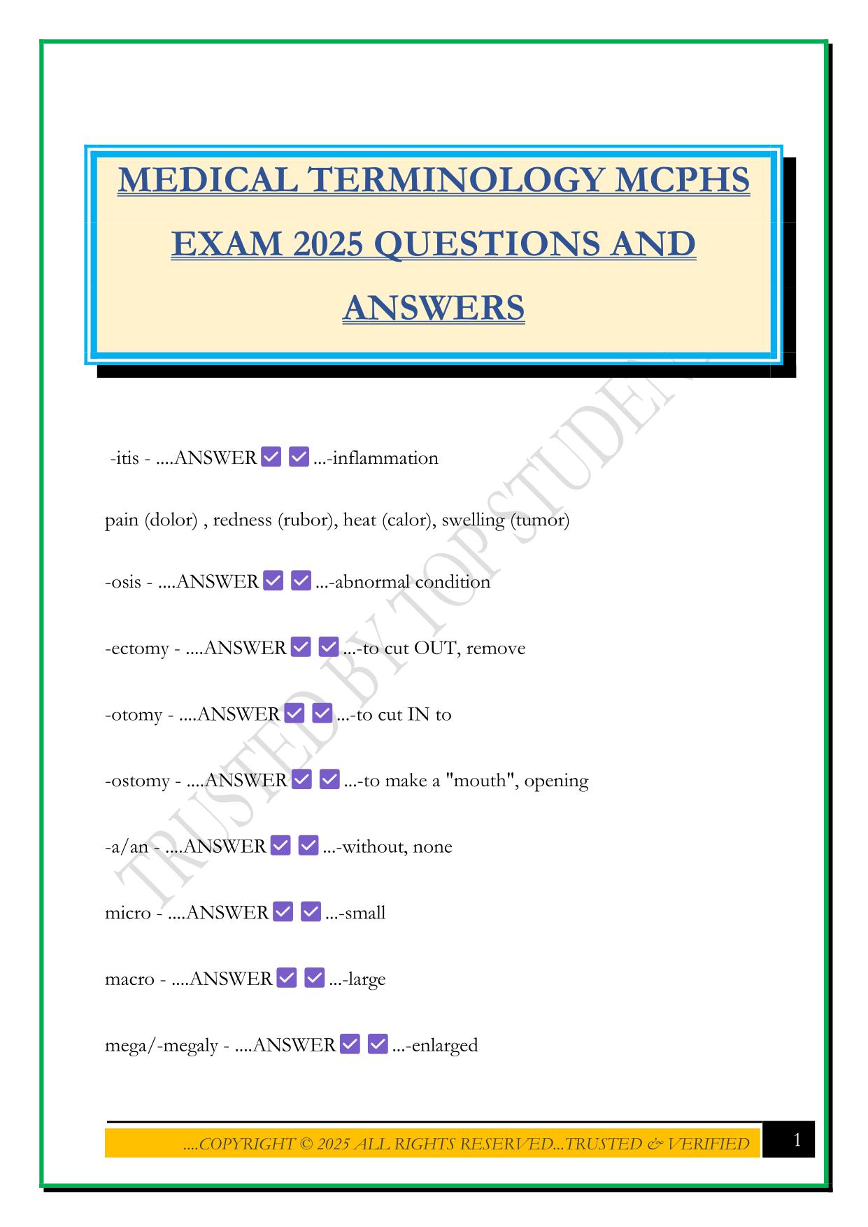 MEDICAL TERMINOLOGY MCPHS EXAM 2025 QUESTIONS AND ANSWERS