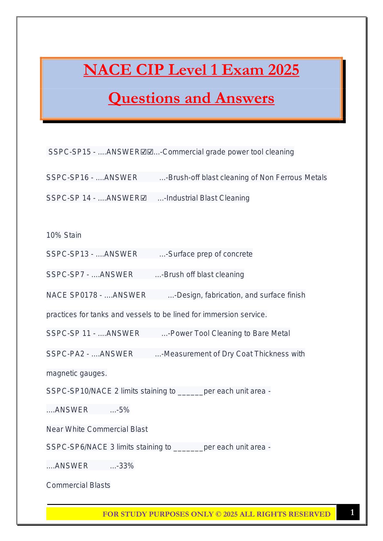 NACE CIP Level 1 Exam 2025 Questions and Answers