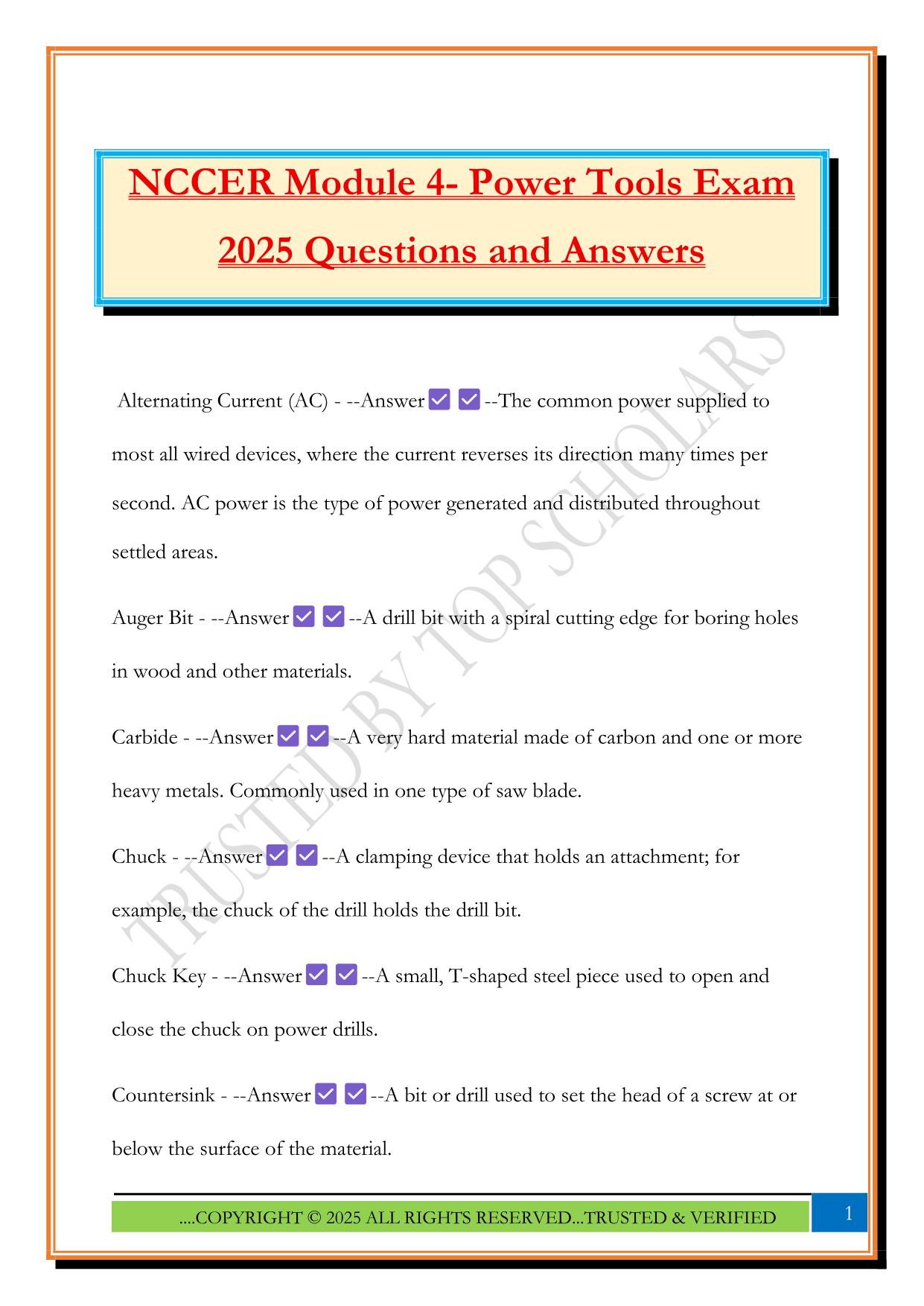 NCCER Module 4- Power Tools Exam 2025 Questions and Answers