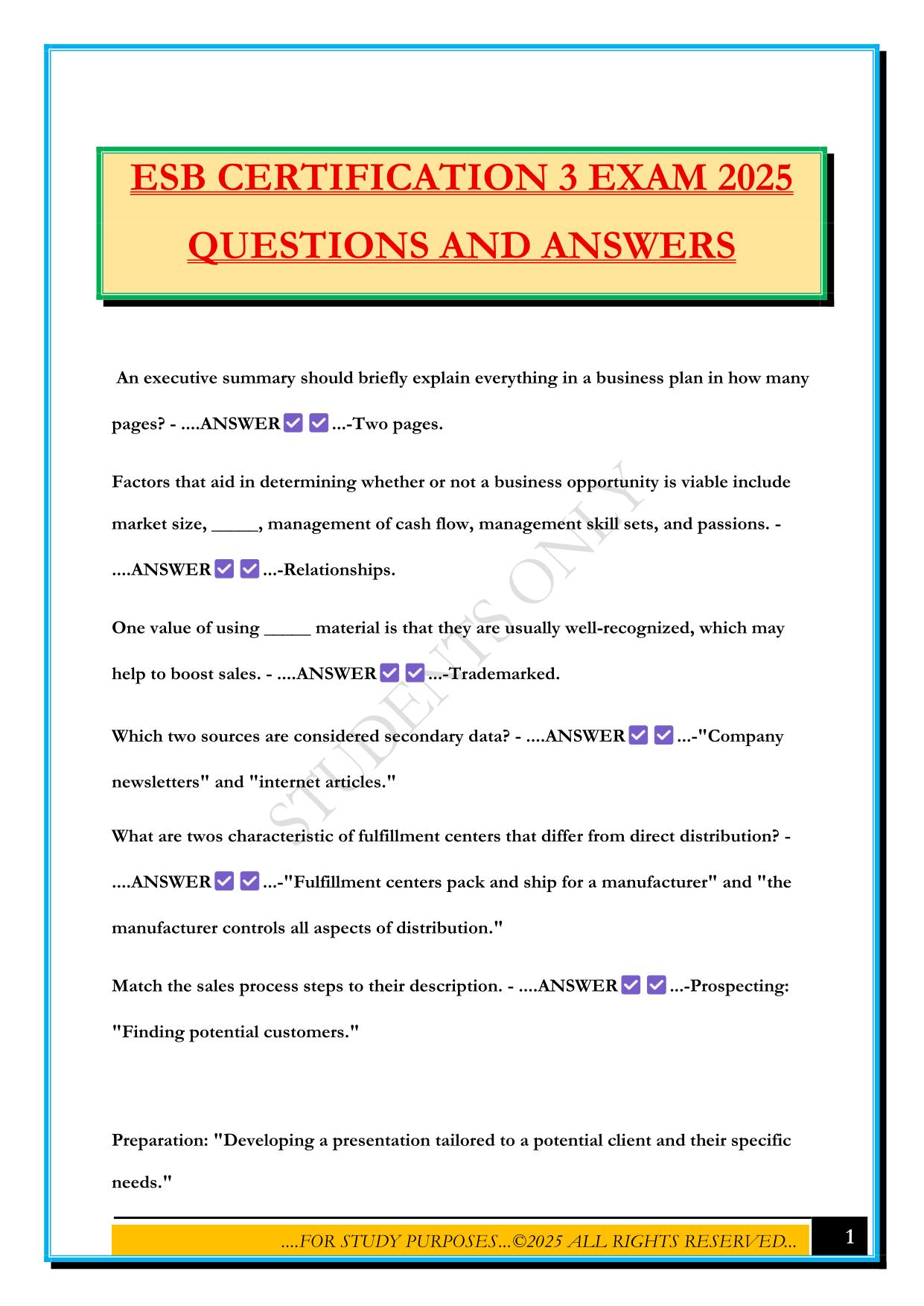 ESB CERTIFICATION 3 EXAM 2025 QUESTIONS AND ANSWERS