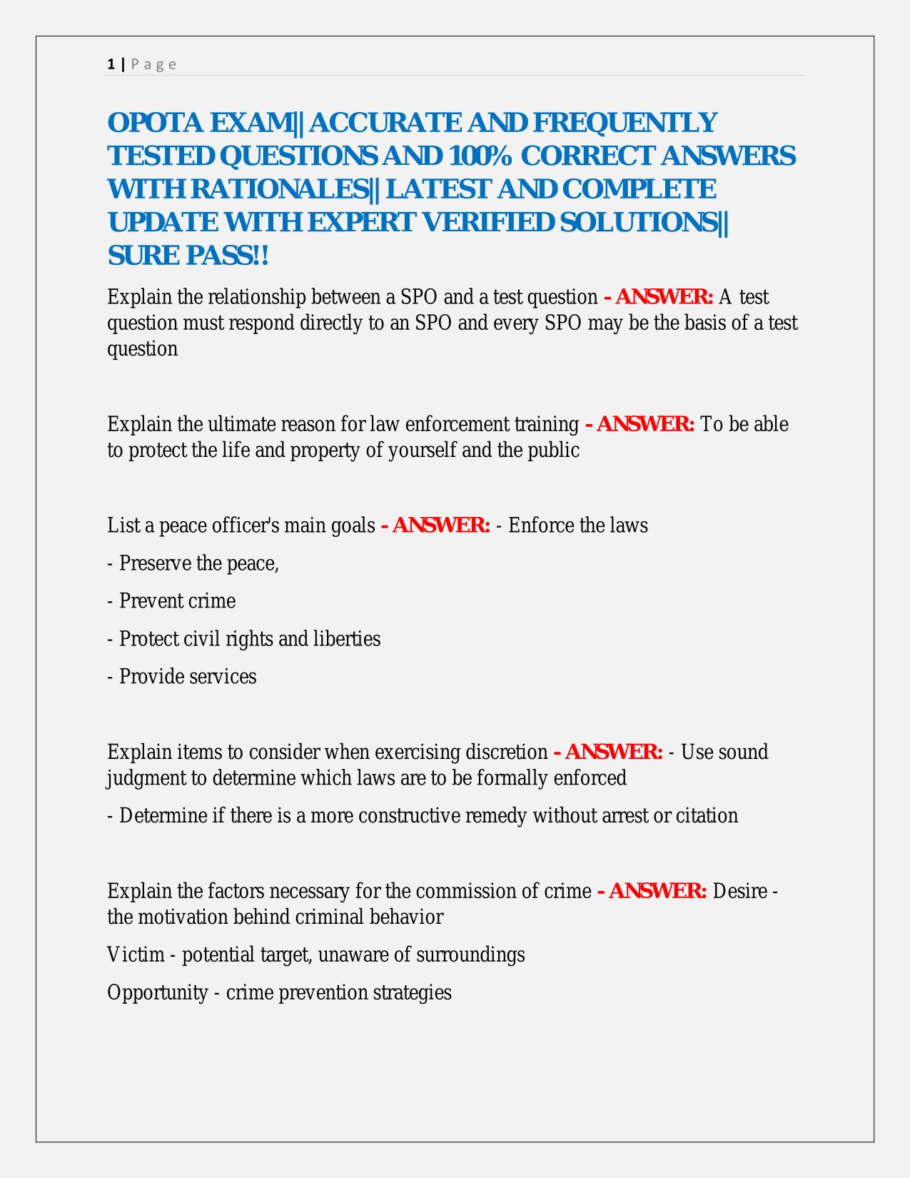 OPOTA EXAM|| ACCURATE AND FREQUENTLY TESTED QUESTIONS AND 100% CORRECT ANSWERS WITH RATIONALES|| LATEST AND COMPLETE UPDATE WITH EXPERT VERIFIED SOLUTIONS|| SURE PASS!!