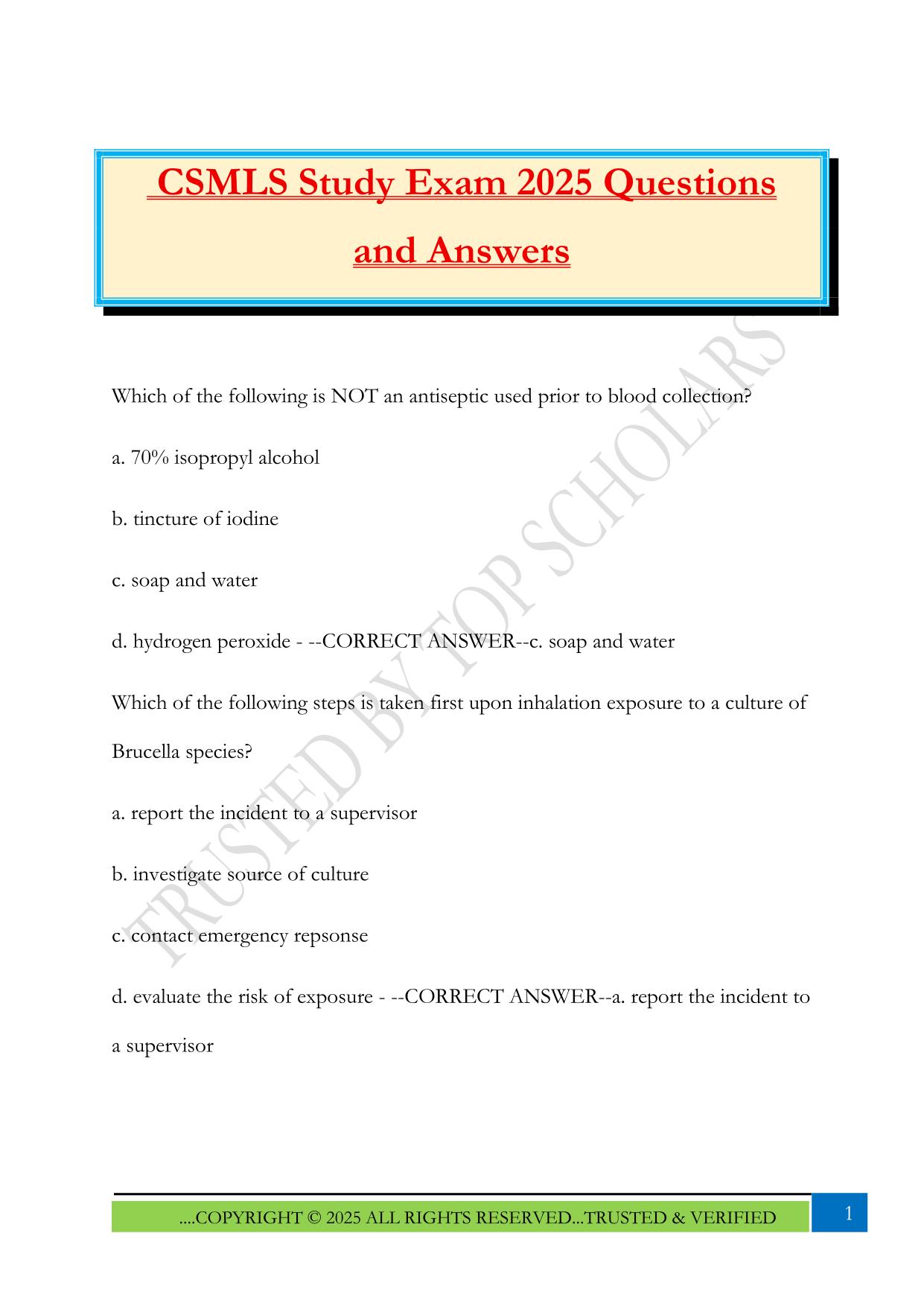 CSMLS Study Exam 2025 Questions and Answers