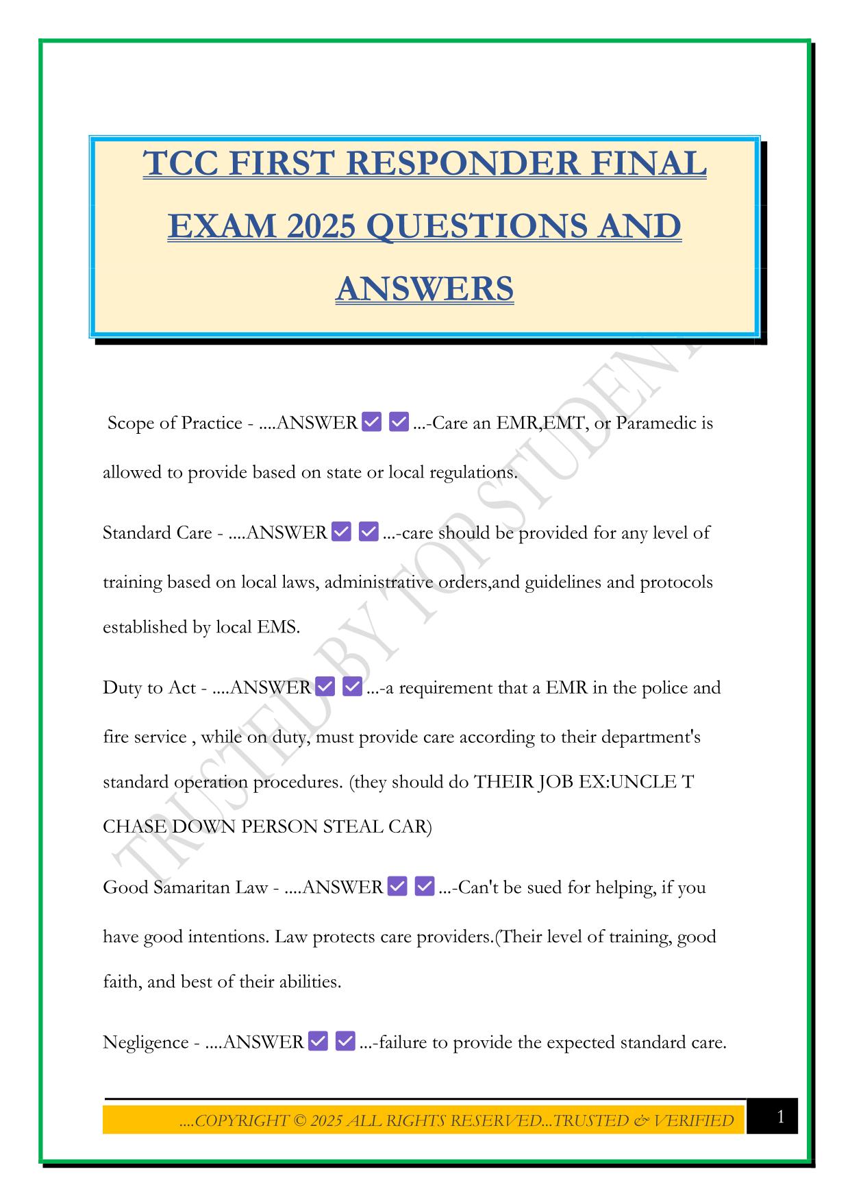 TCC FIRST RESPONDER FINAL EXAM 2025 QUESTIONS AND ANSWERS