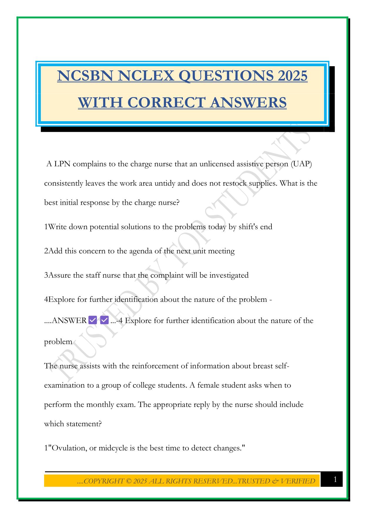 NCSBN NCLEX QUESTIONS 2025 WITH CORRECT ANSWERS