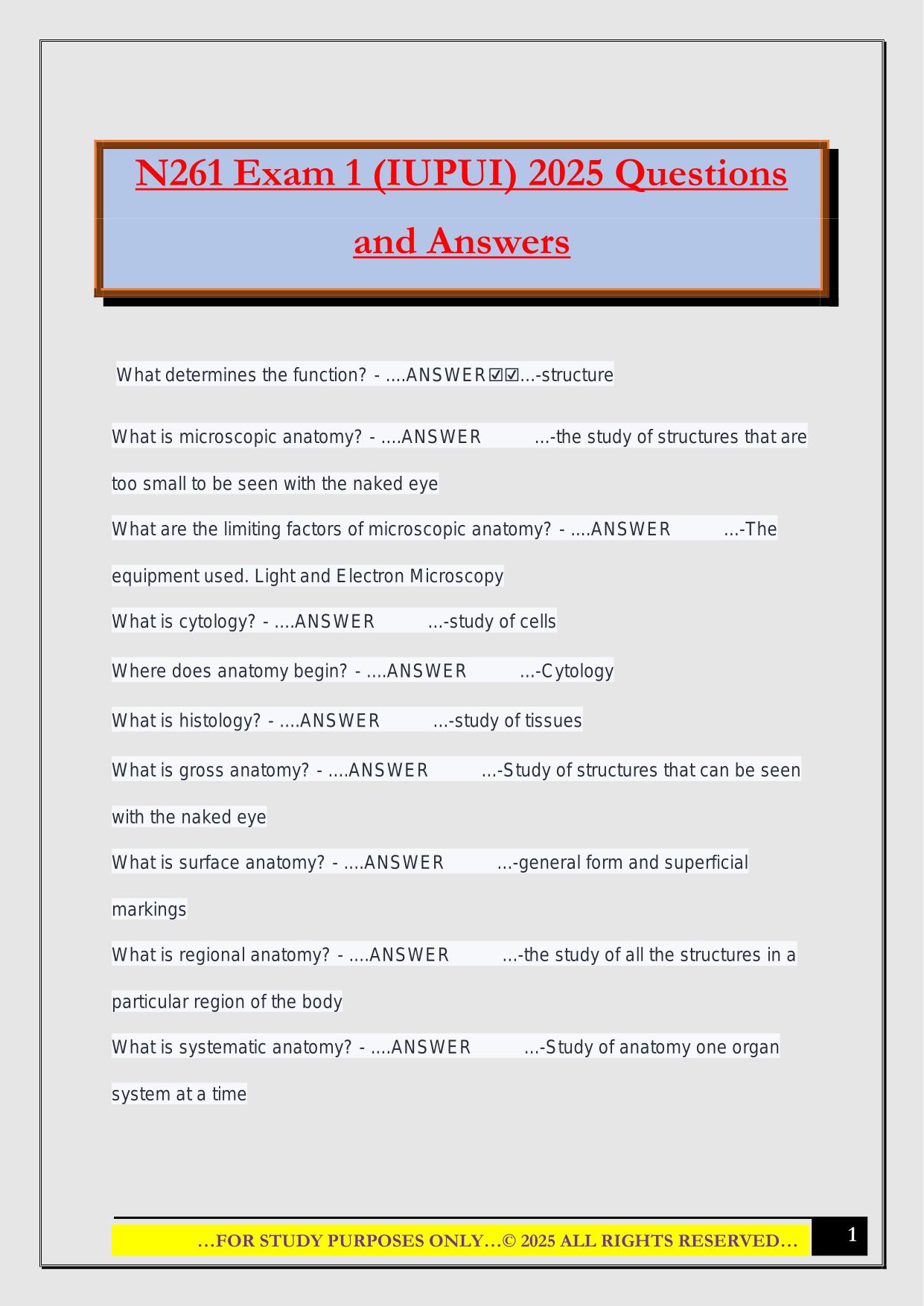 N261 Exam 1 (IUPUI) 2025 Questions and Answers
