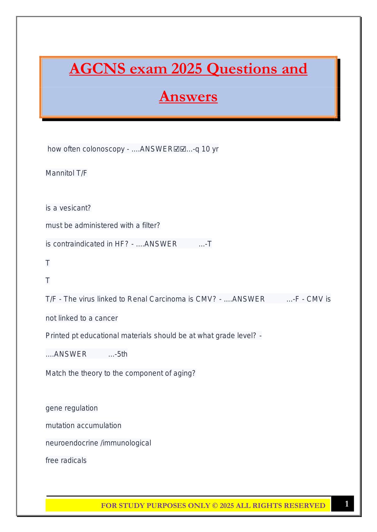AGCNS exam 2025 Questions and Answers