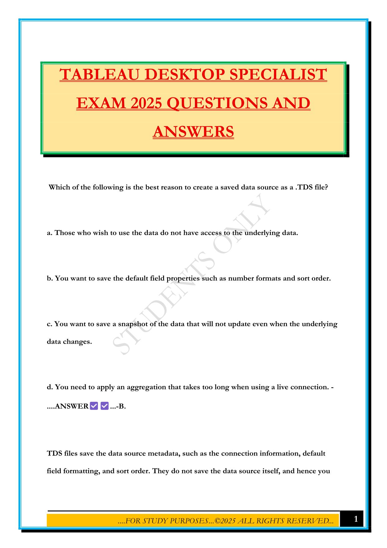 TABLEAU DESKTOP SPECIALIST EXAM 2025 QUESTIONS AND ANSWERS