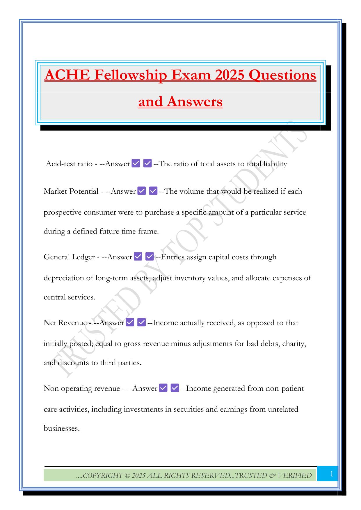 ACHE Fellowship Exam 2025 Questions and Answers