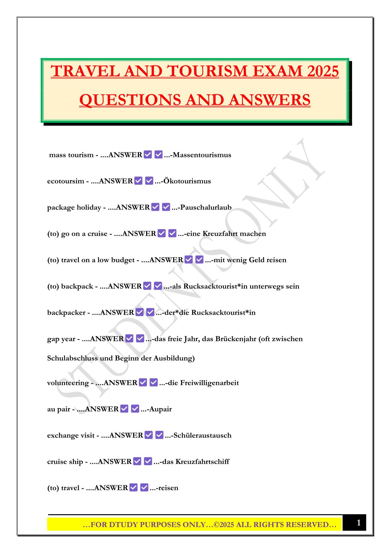 TRAVEL AND TOURISM EXAM 2025 QUESTIONS AND ANSWERS