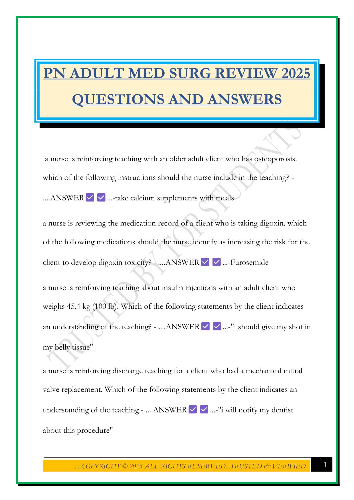 PN ADULT MED SURG REVIEW 2025 QUESTIONS AND ANSWERS
