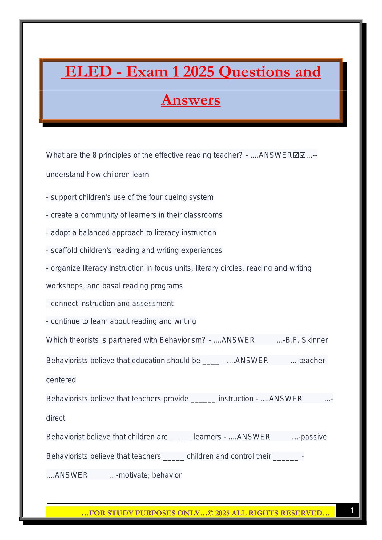 ELED - Exam 1 2025 Questions and Answers