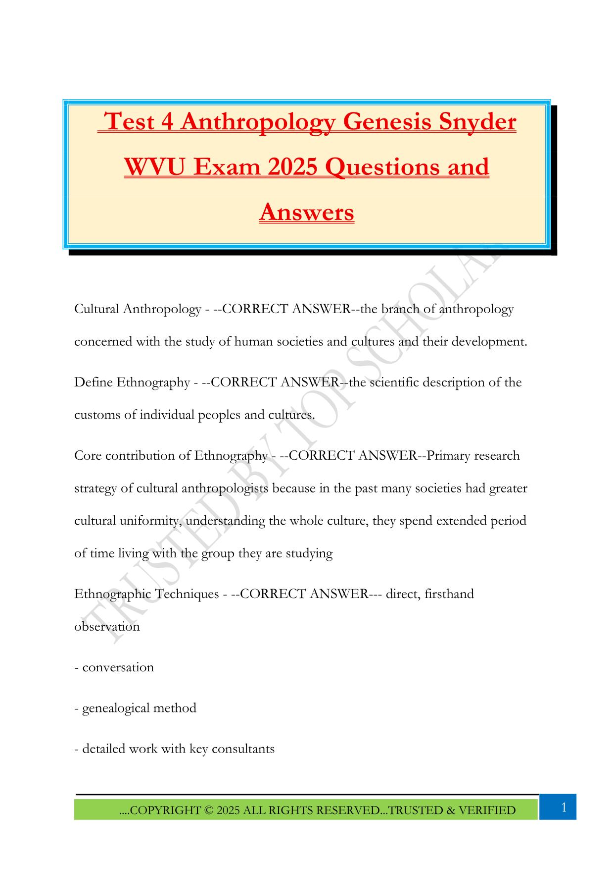 Test 4 Anthropology Genesis Snyder WVU Exam 2025 Questions and Answers