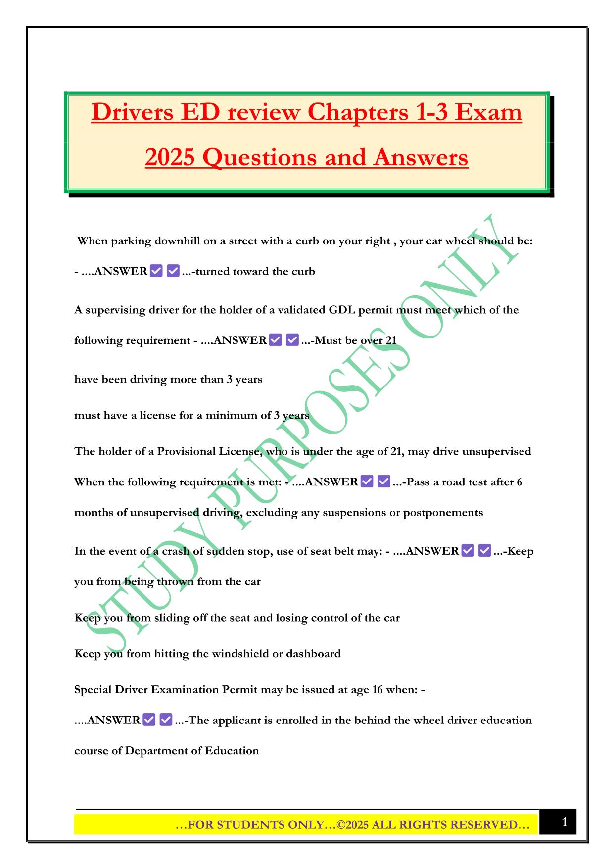 Drivers ED review Chapters 1-3 Exam 2025 Questions and Answers