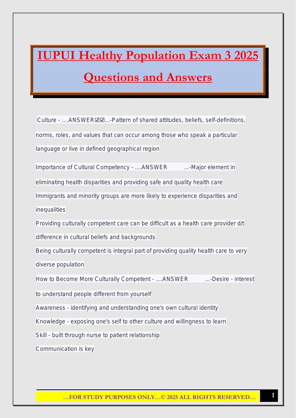 IUPUI Healthy Population Exam 3 2025 Questions and Answers