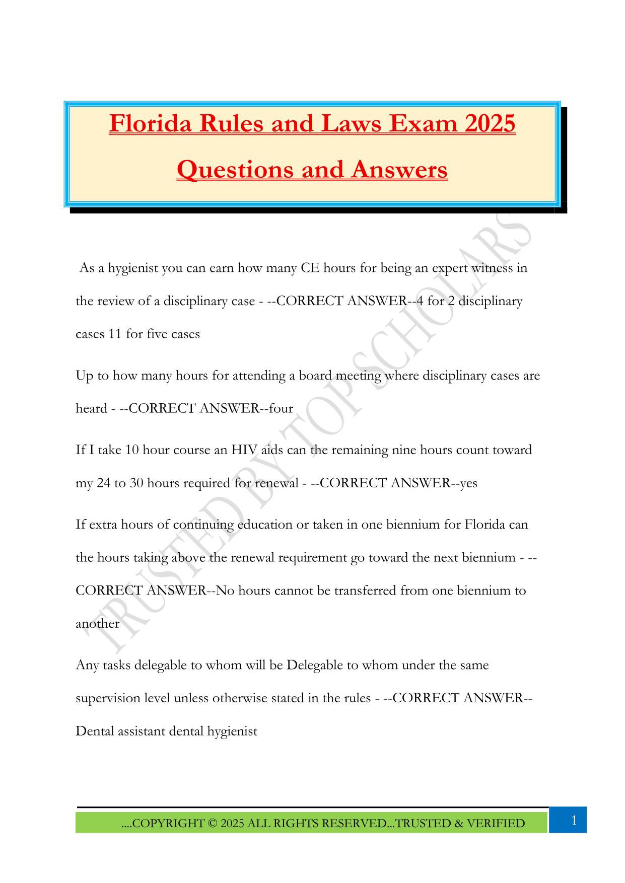Florida Rules and Laws Exam 2025 Questions and Answers