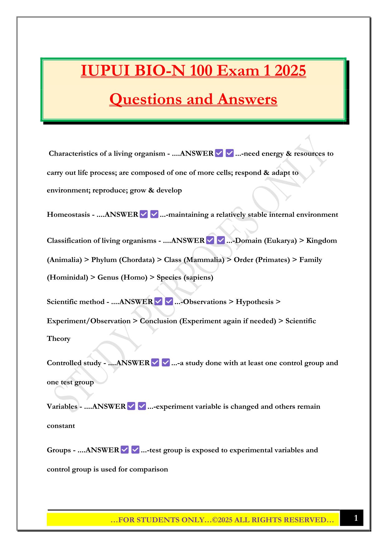 IUPUI BIO-N 100 Exam 1 2025 Questions and Answers