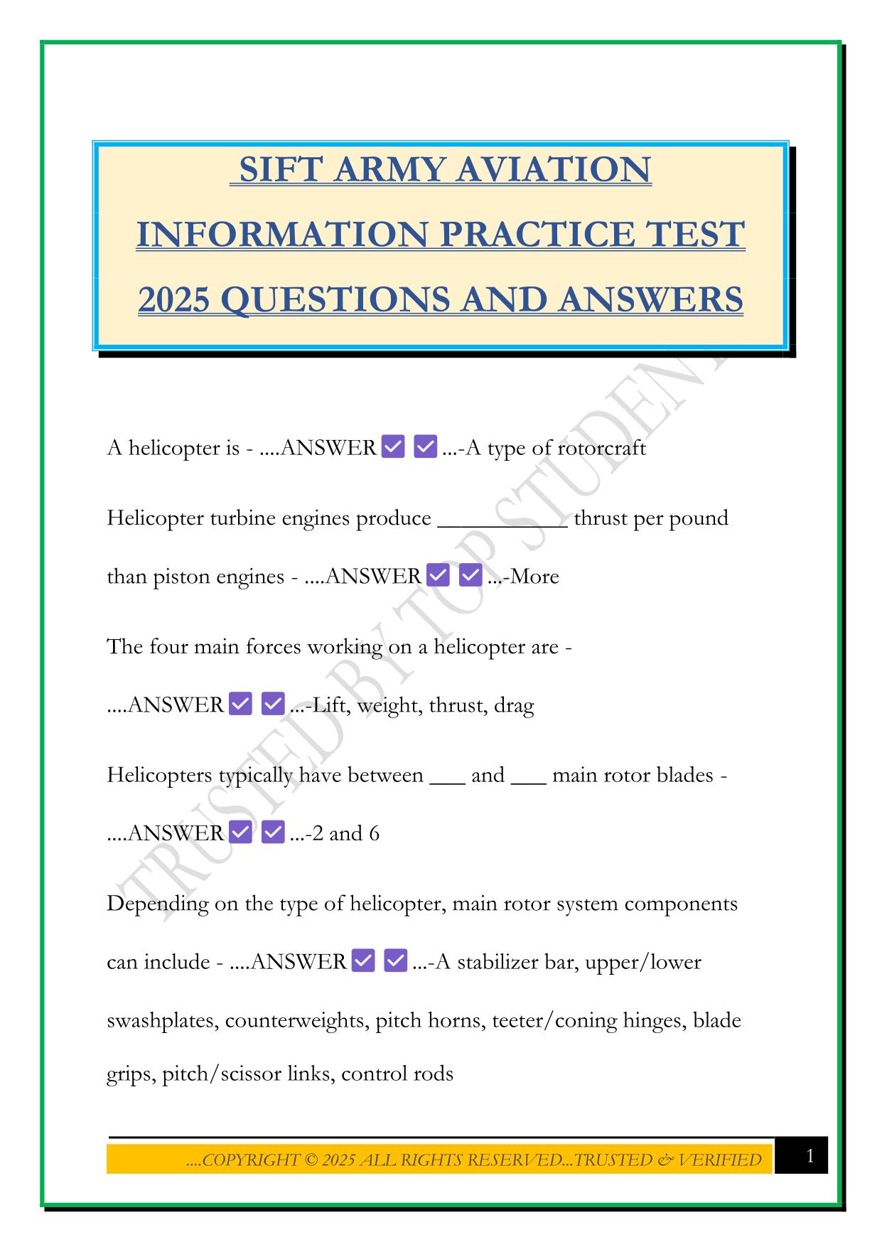 SIFT ARMY AVIATION INFORMATION PRACTICE TEST 2025 QUESTIONS AND ANSWERS