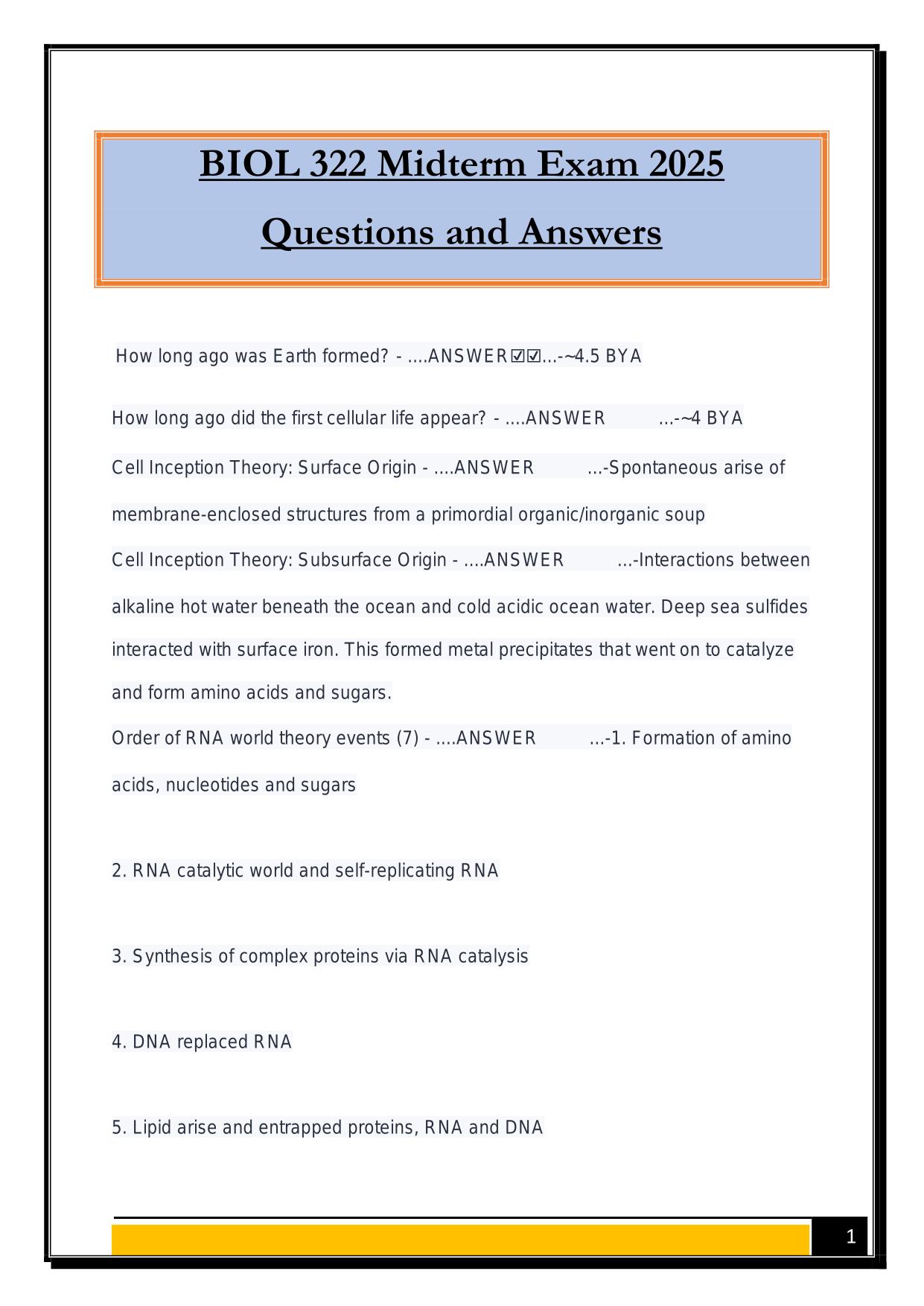 BIOL 322 Midterm Exam 2025 Questions and Answers